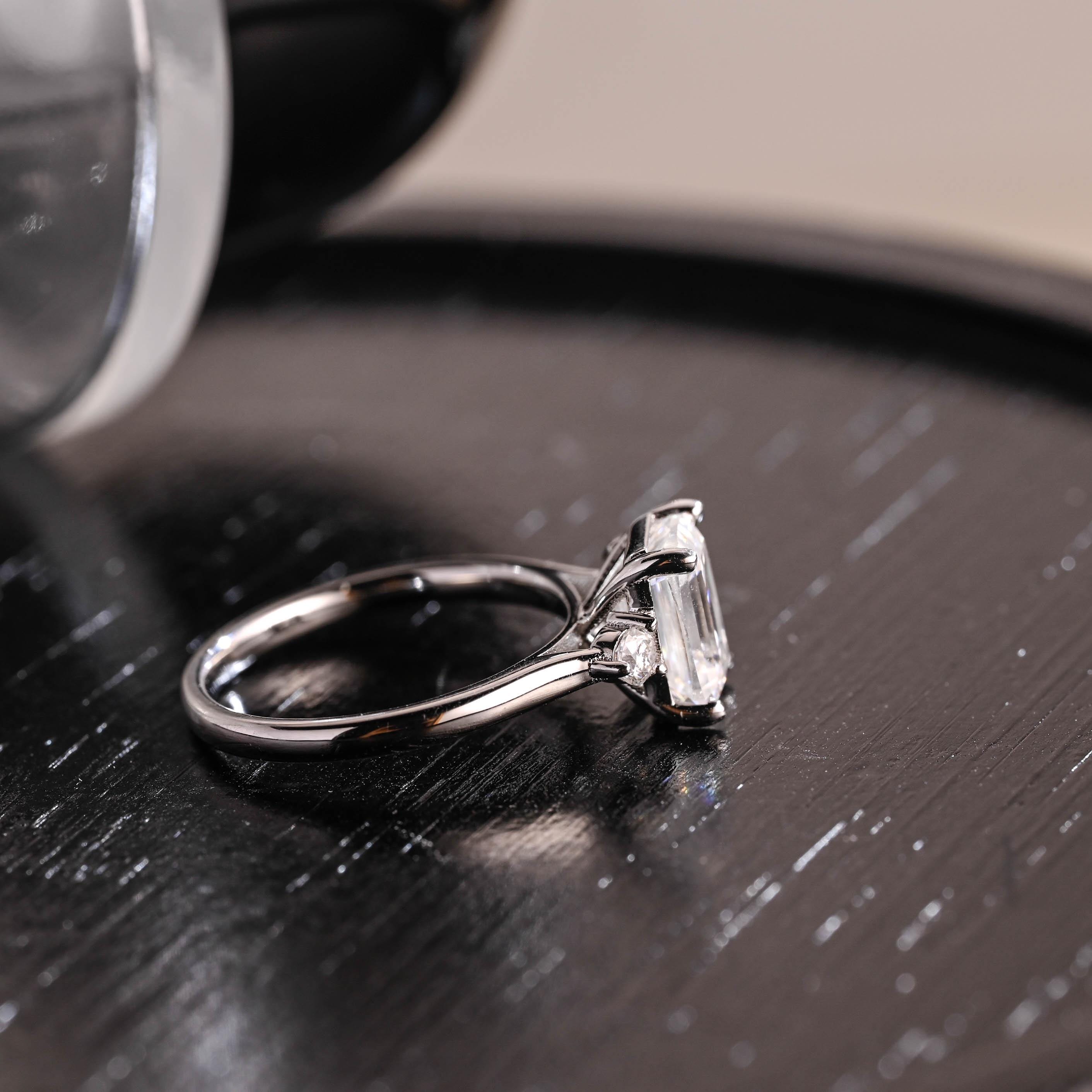 Three Stone Emerald Cut Moissanite Engagement Ring, Unique Emerald Cut Moissanite Wedding Ring, Anniversary Ring, Cathedral Setting Ring