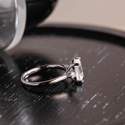 Three Stone Emerald Cut Moissanite Engagement Ring, Unique Emerald Cut Moissanite Wedding Ring, Anniversary Ring, Cathedral Setting Ring