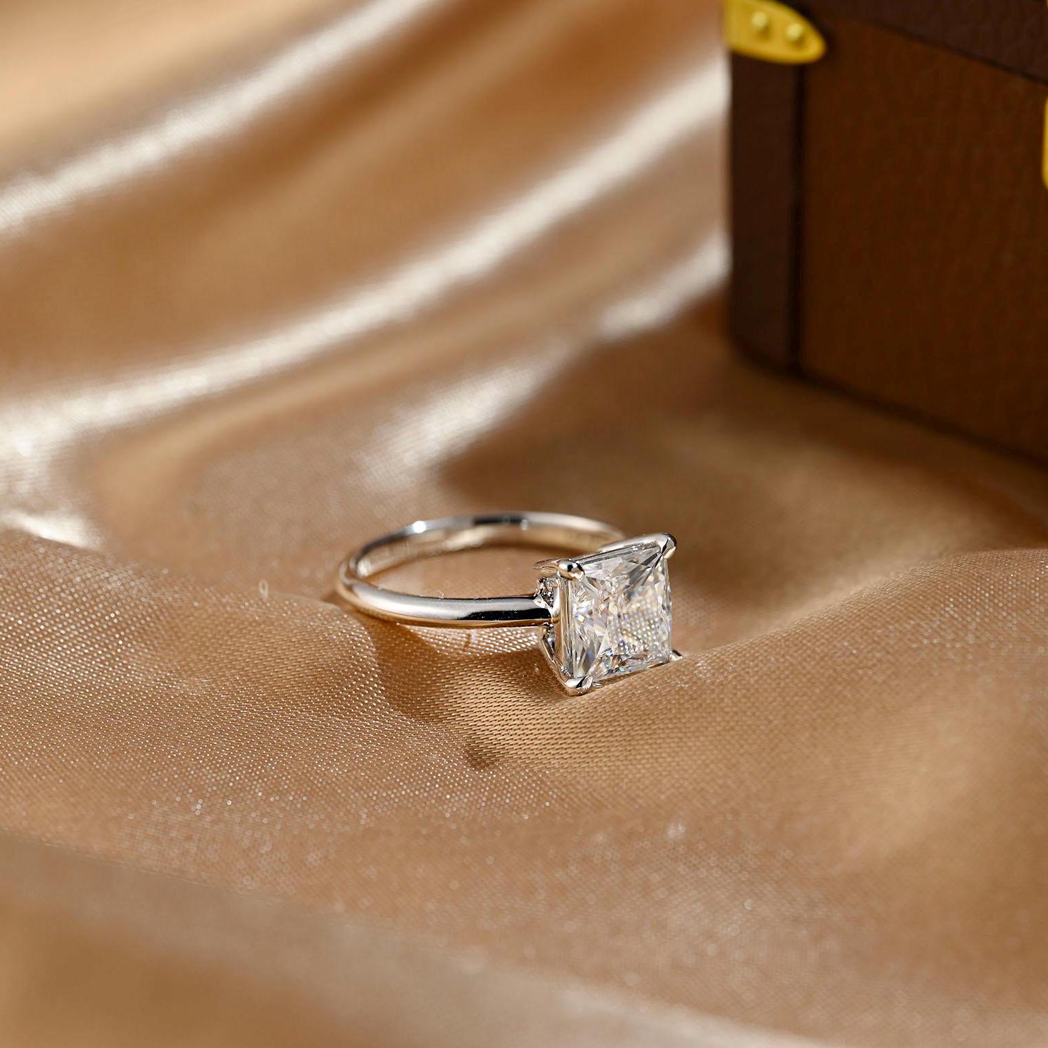 Solid Gold Princess Cut Moissanite Engagement Ring, Solitaire Wedding Ring