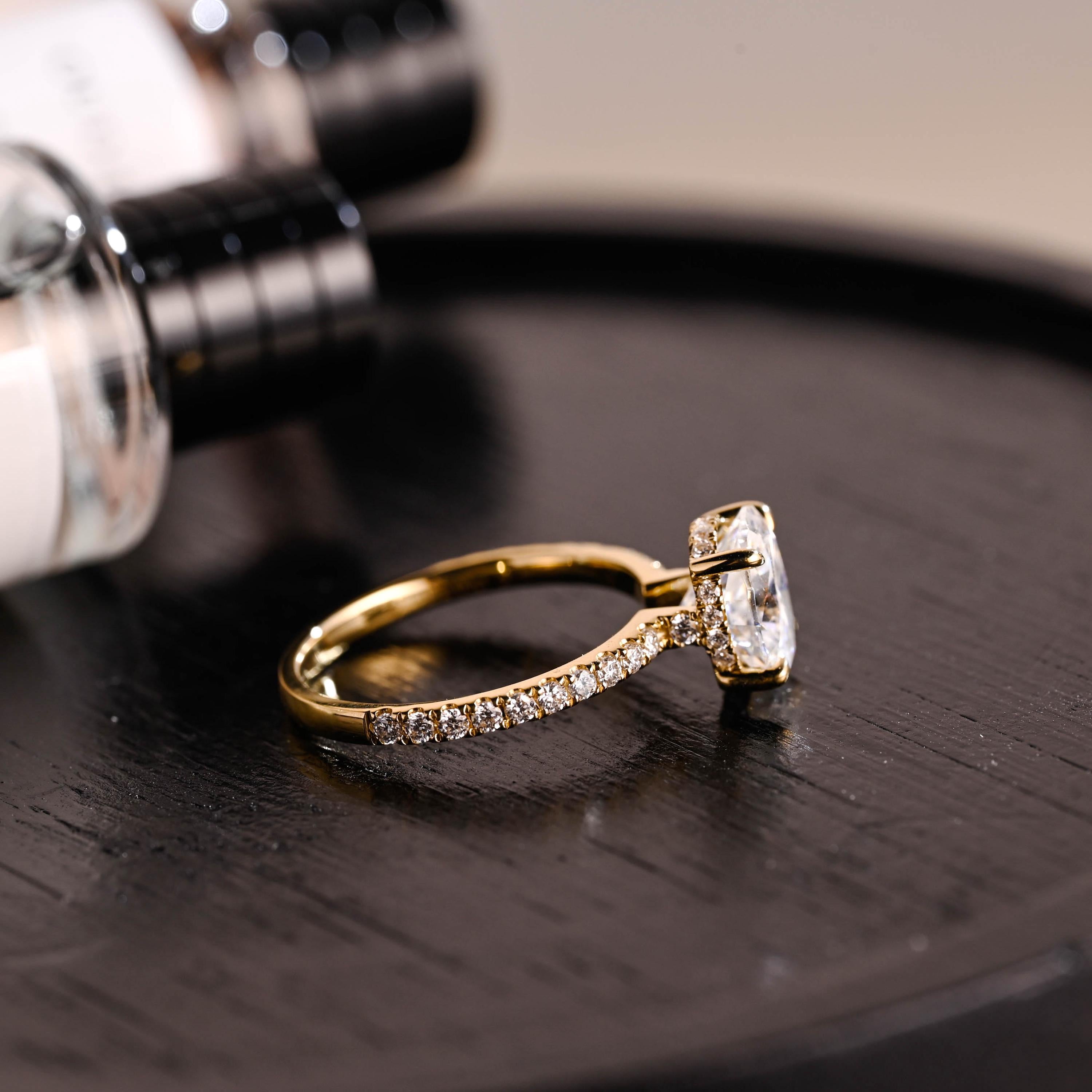 Solid Gold High Setting Oval Cut Moissanite Engagement Ring, Hidden Halo Wedding Ring