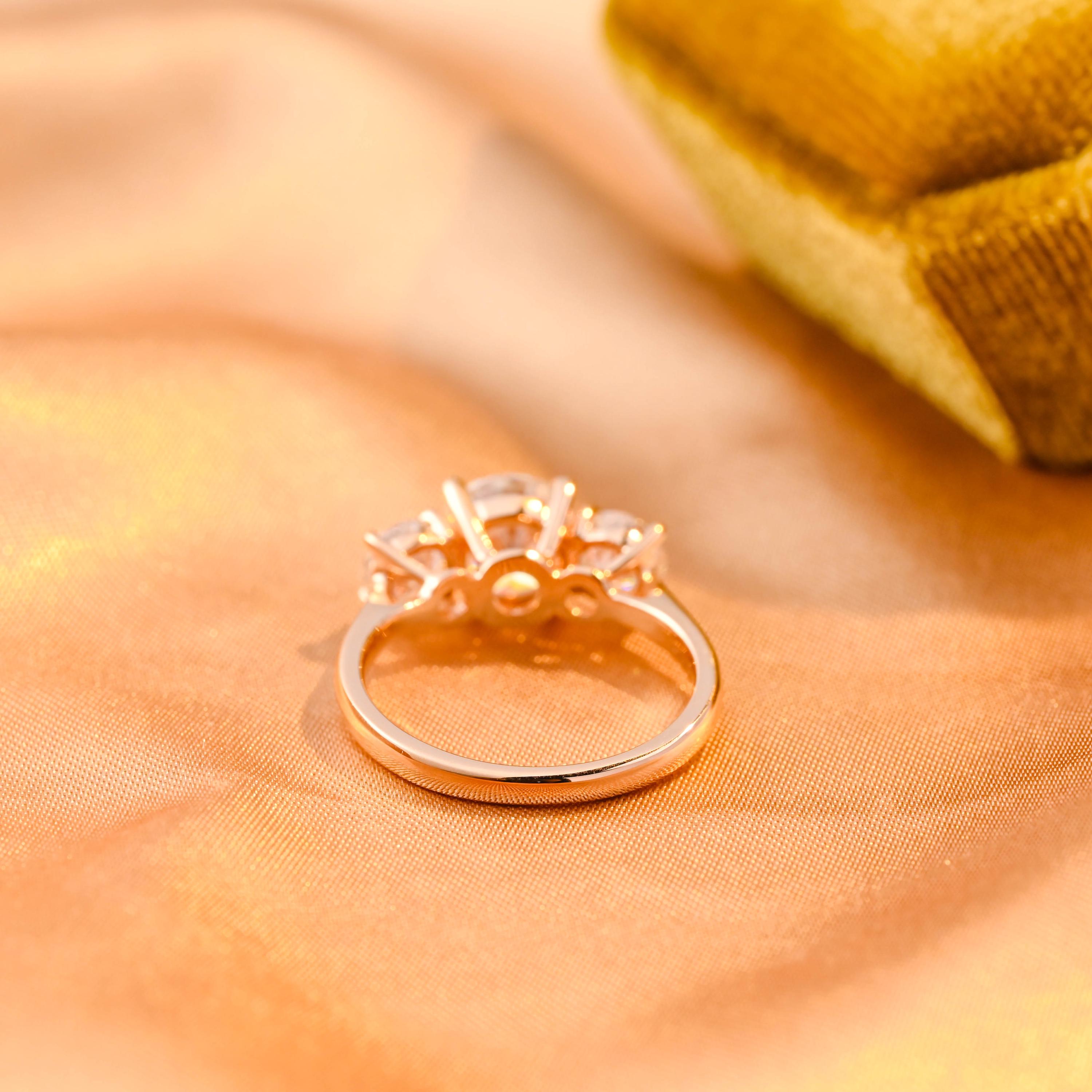 Solid Gold Three Stone Cathedral Setting Round Cut Moissanite Engagement Ring, Anniversary Ring for Women