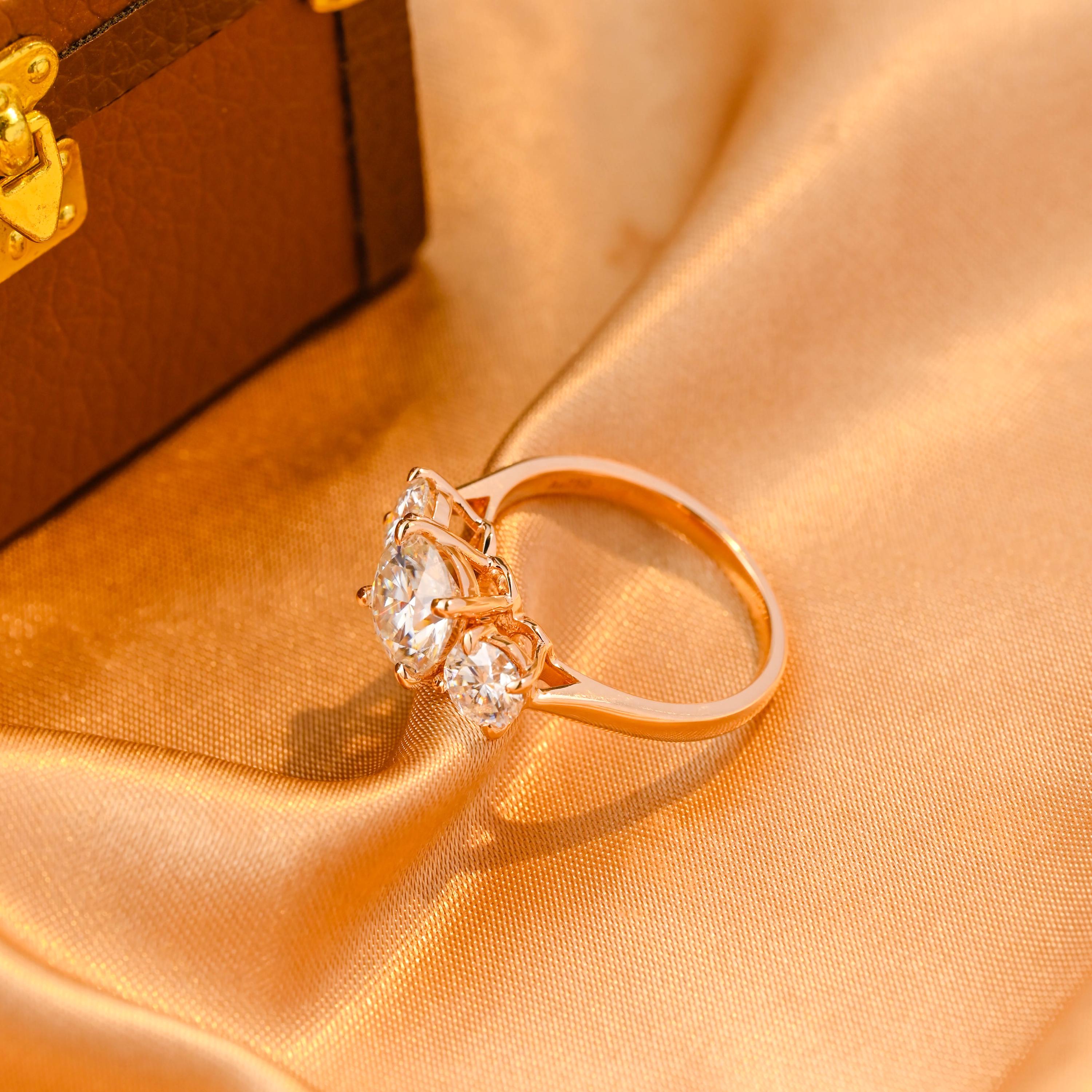 Solid Gold Three Stone Cathedral Setting Round Cut Moissanite Engagement Ring, Anniversary Ring for Women