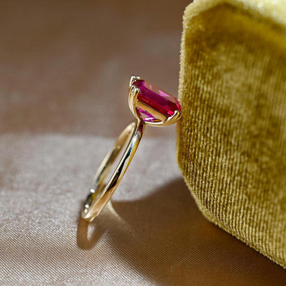 Solid Gold Emerald Cut Lab Grown Ruby Engagement Ring, Solitaire Ruby Wedding Ring, Anniversary Gemstone Ring, 8 Prongs Emerald Cut Ring