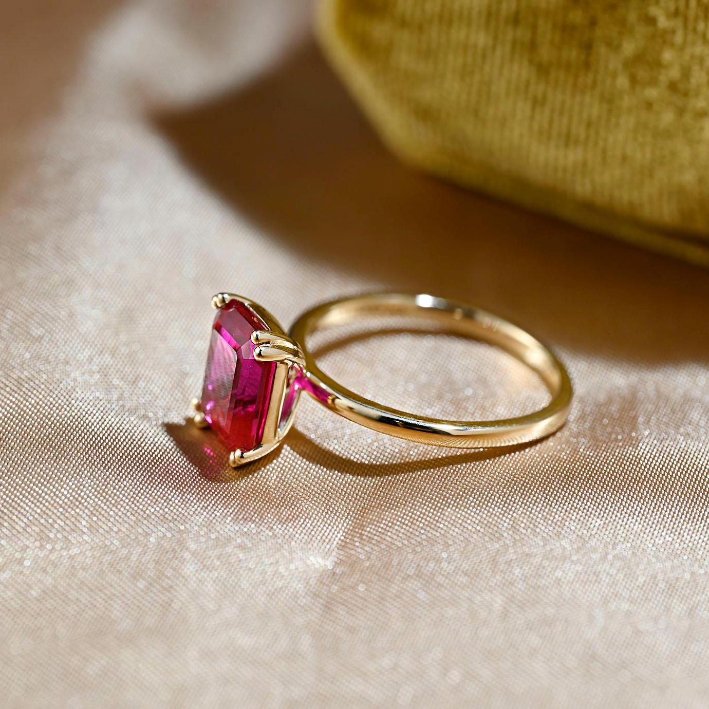 Solid Gold Emerald Cut Lab Grown Ruby Engagement Ring, Solitaire Ruby Wedding Ring, Anniversary Gemstone Ring, 8 Prongs Emerald Cut Ring