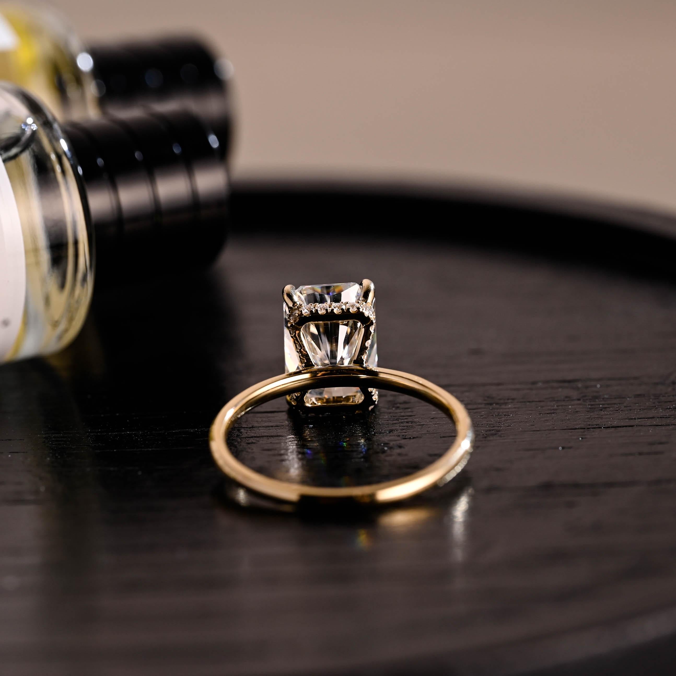 Solid Gold Radiant Cut Moissanite Engagement Ring, Hidden Halo, Art Deco Ring