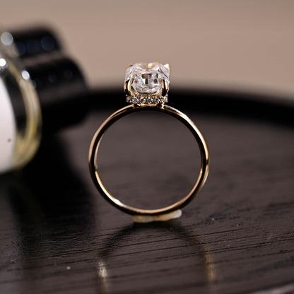 Solid Gold Radiant Cut Moissanite Engagement Ring, Hidden Halo, Art Deco Ring