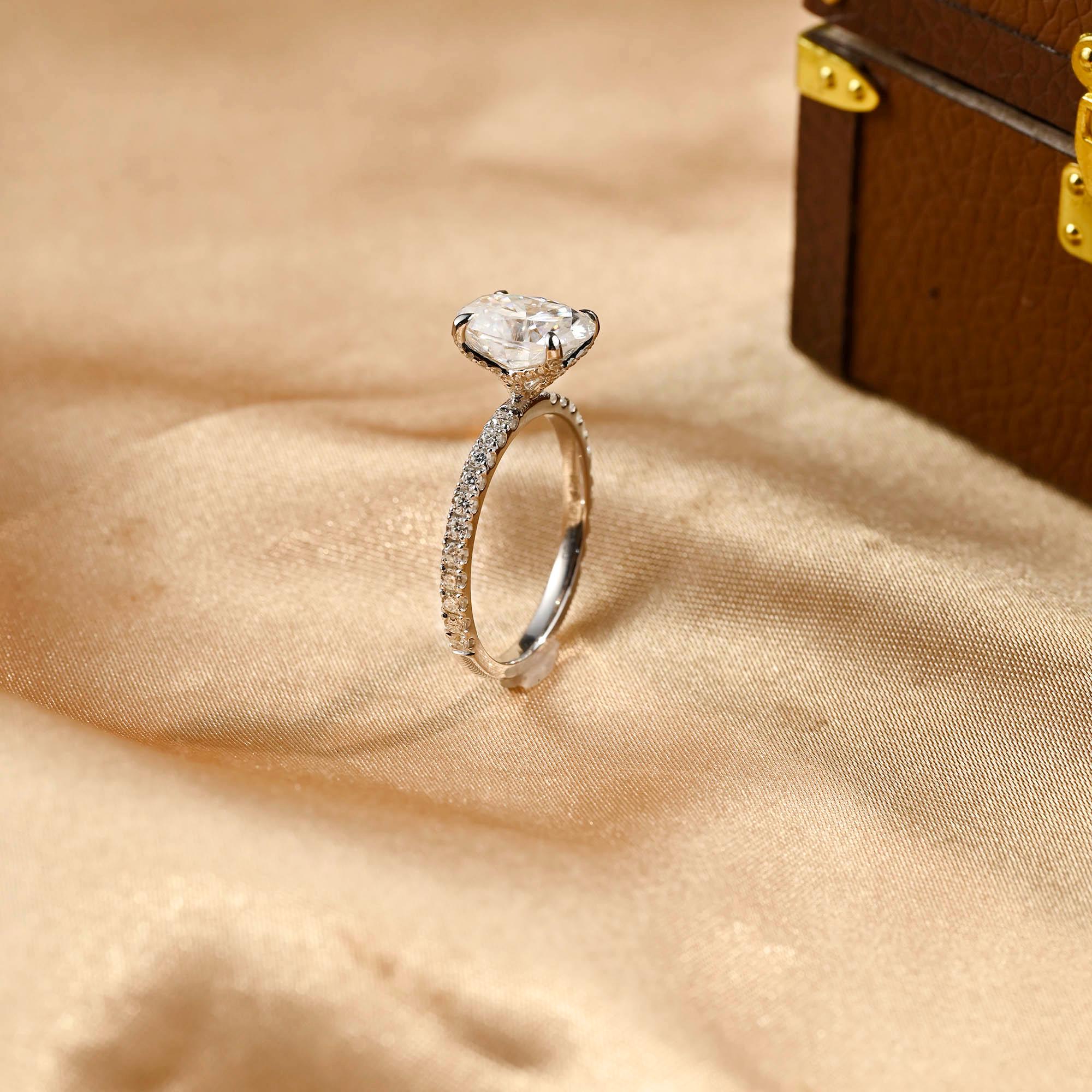 Solid Gold Tulip Setting Oval Cut Moissanite Engagement Ring, Nature Inspired Wedding Ring
