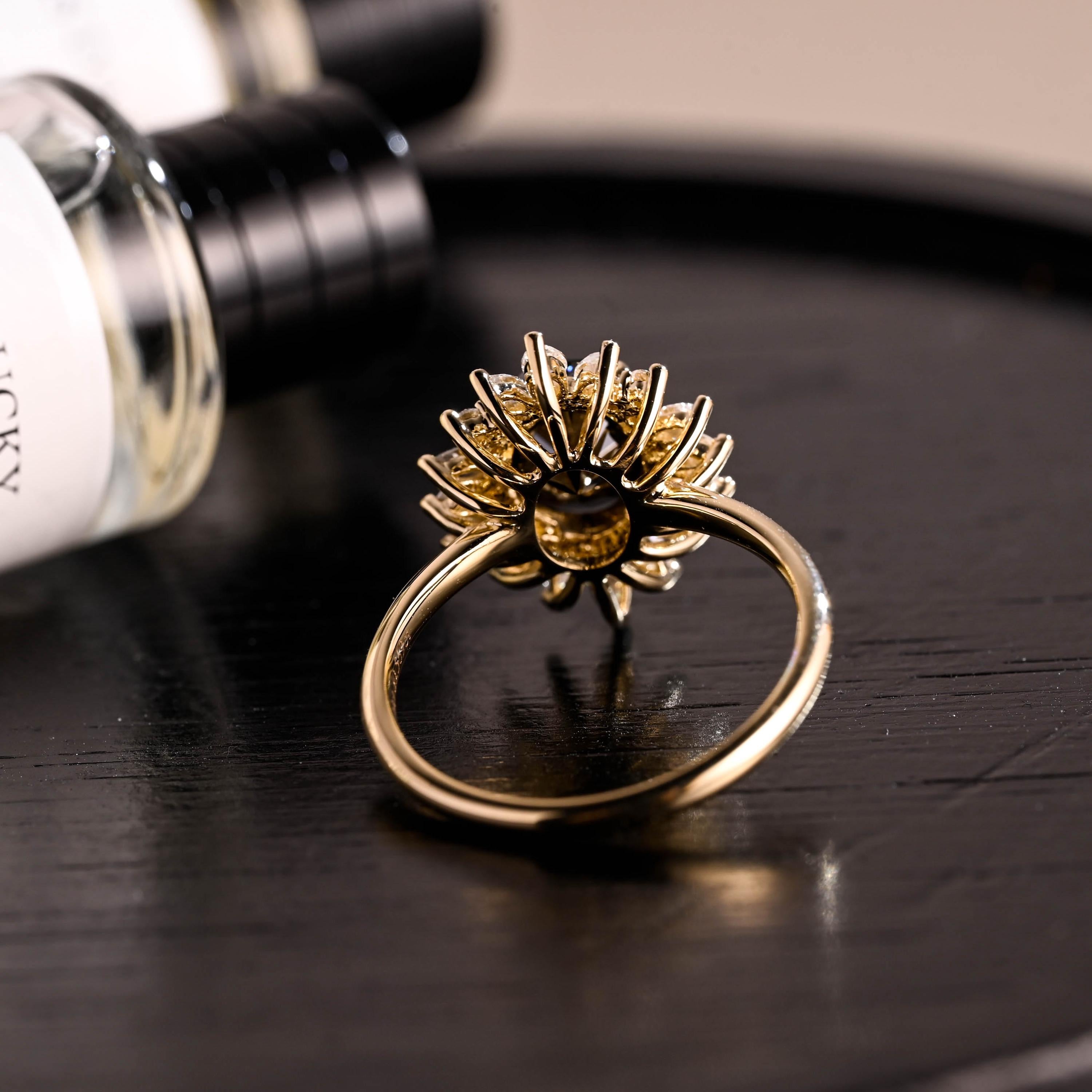 Solid Gold Oval Cut Black Moissanite Engagement Ring, Gothic Style Wedding Ring
