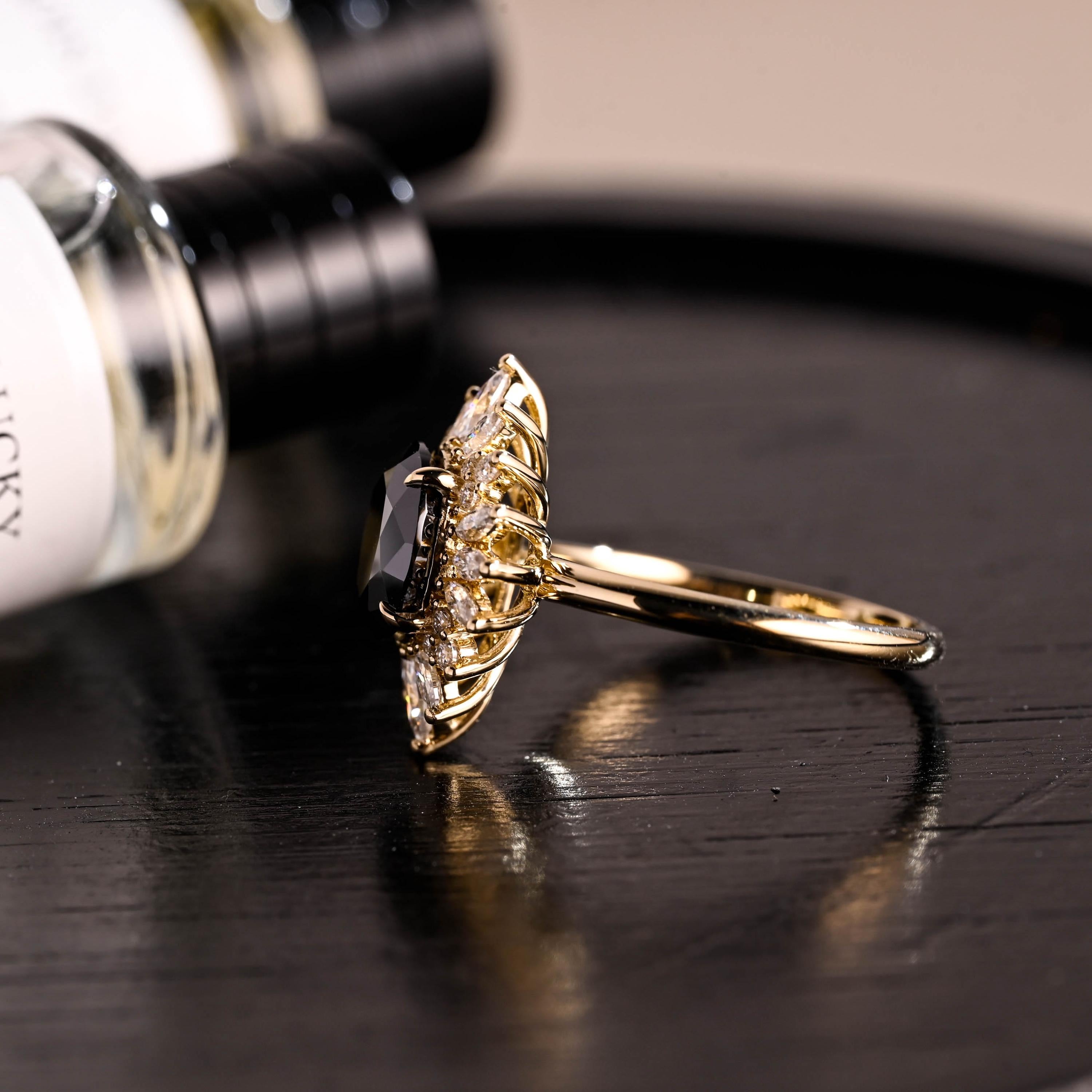 Solid Gold Oval Cut Black Moissanite Engagement Ring, Gothic Style Wedding Ring