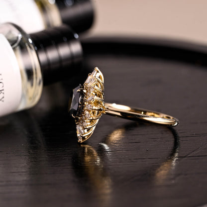 Solid Gold Oval Cut Black Moissanite Engagement Ring, Gothic Style Wedding Ring