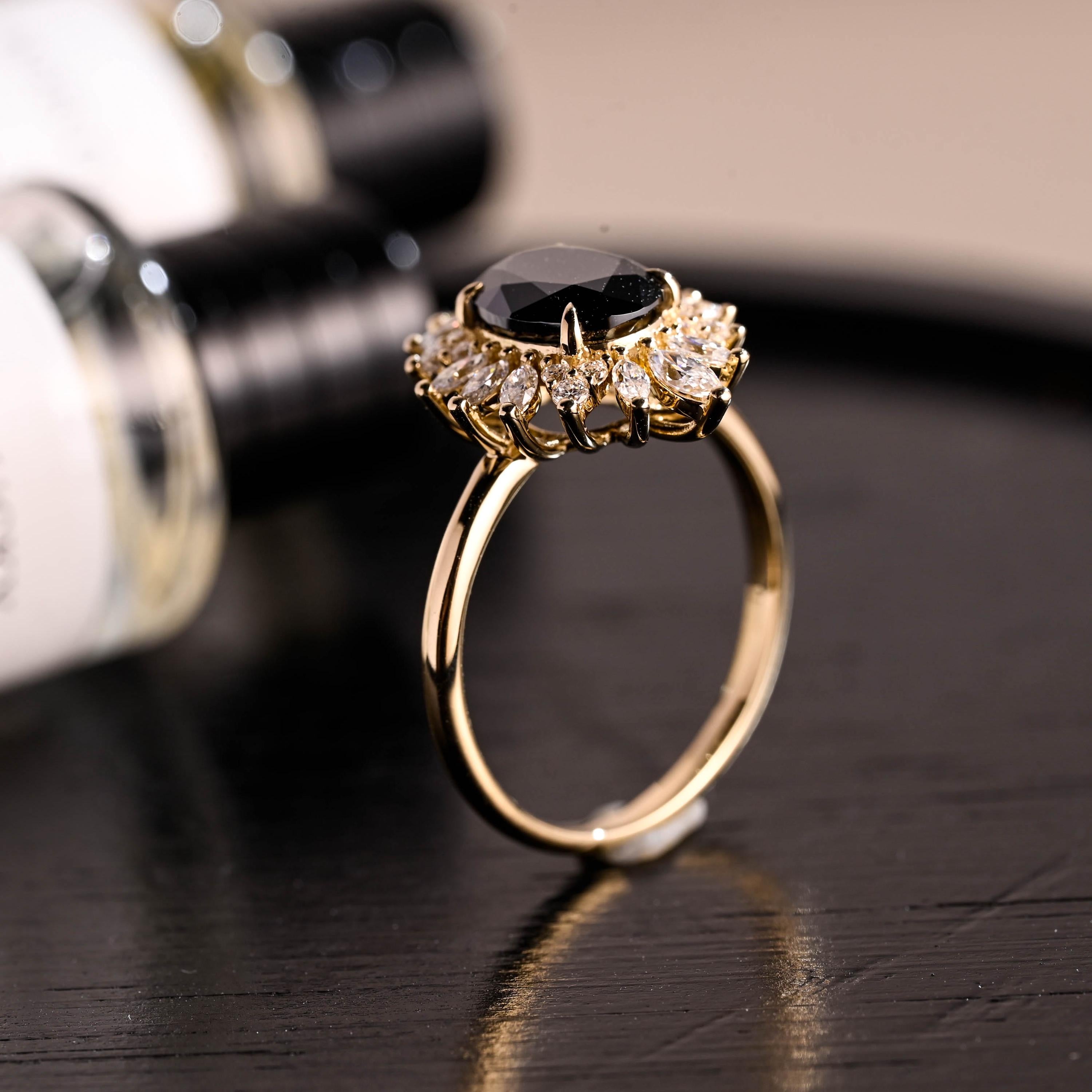 Solid Gold Oval Cut Black Moissanite Engagement Ring, Gothic Style Wedding Ring