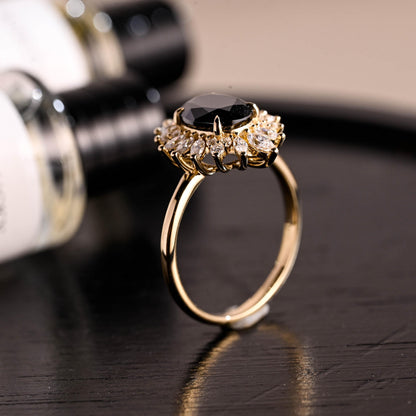 Solid Gold Oval Cut Black Moissanite Engagement Ring, Gothic Style Wedding Ring
