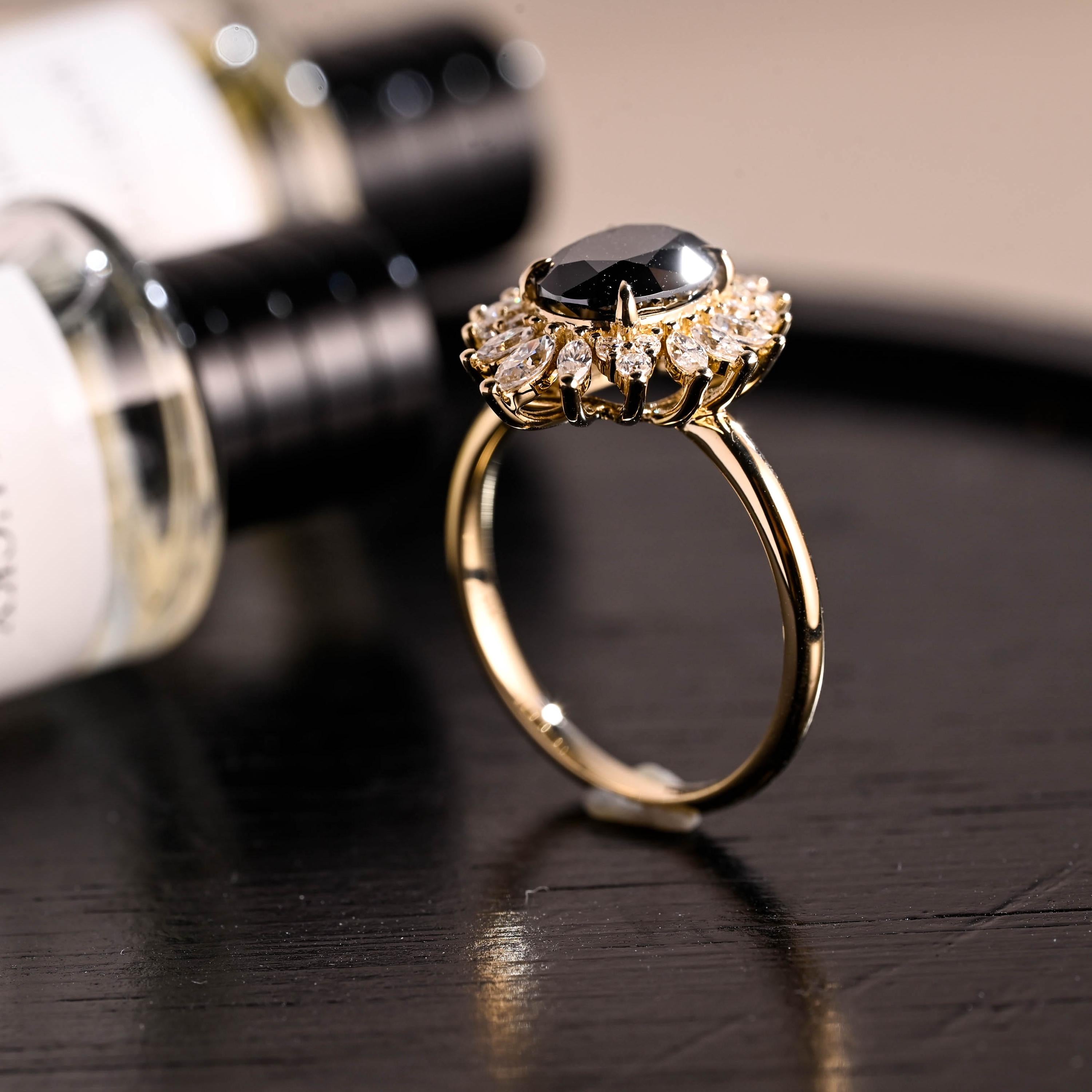 Solid Gold Oval Cut Black Moissanite Engagement Ring, Gothic Style Wedding Ring