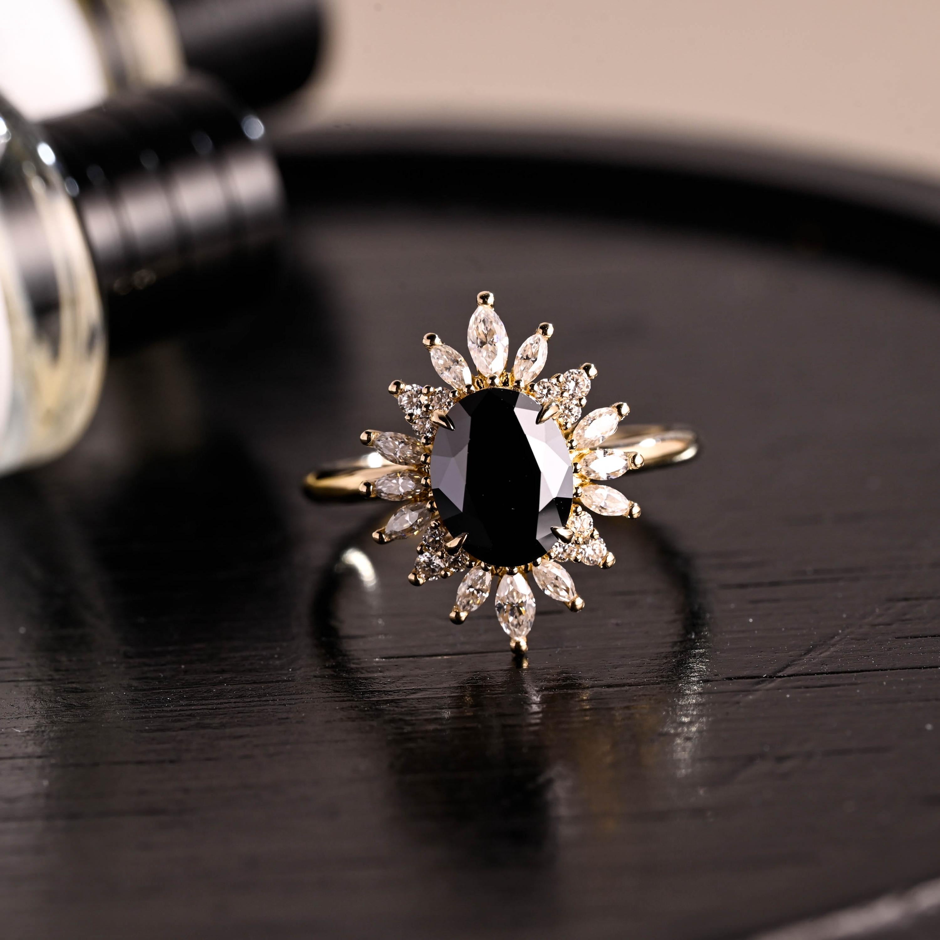 Solid Gold Oval Cut Black Moissanite Engagement Ring, Gothic Style Wedding Ring
