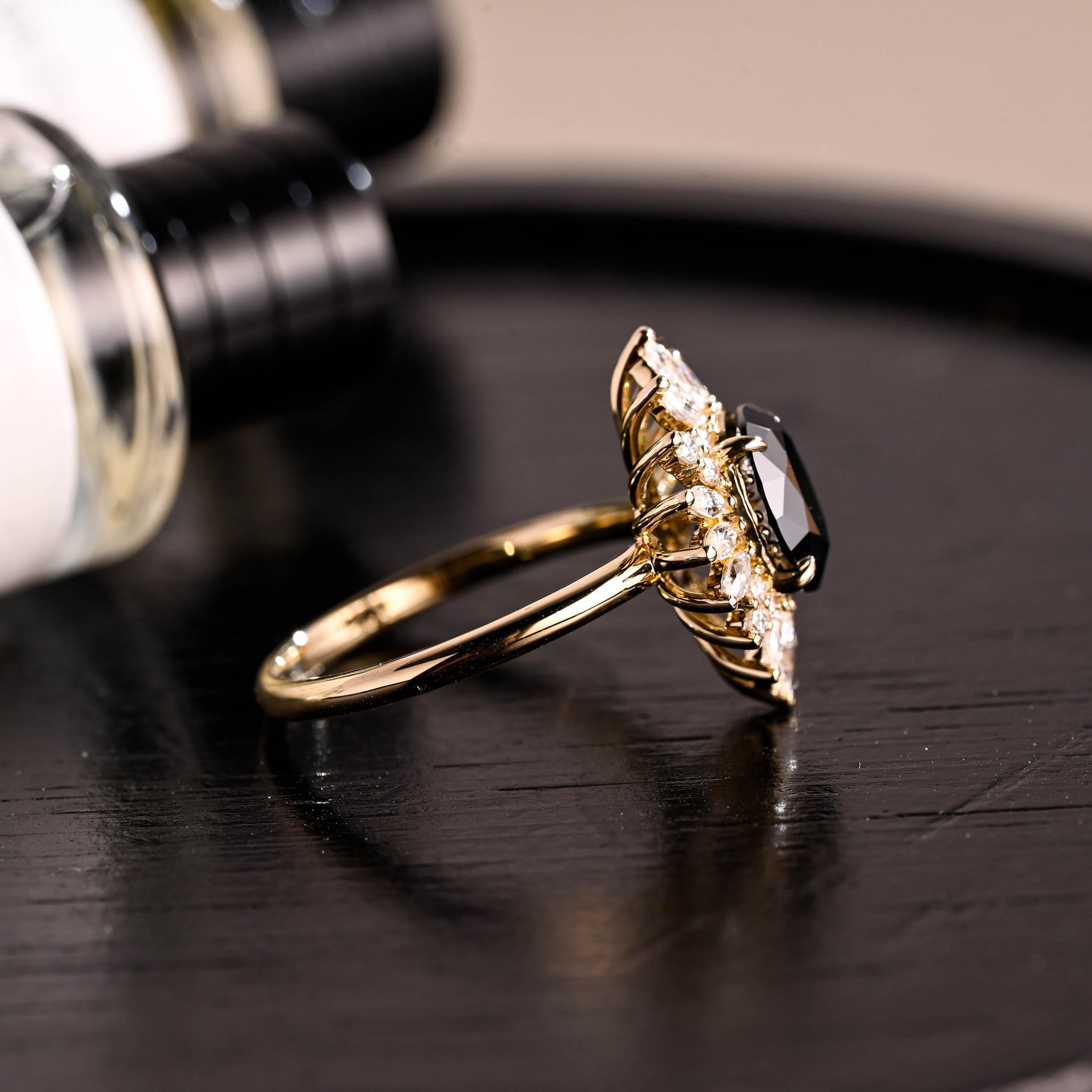 Solid Gold Oval Cut Black Moissanite Engagement Ring, Gothic Style Wedding Ring