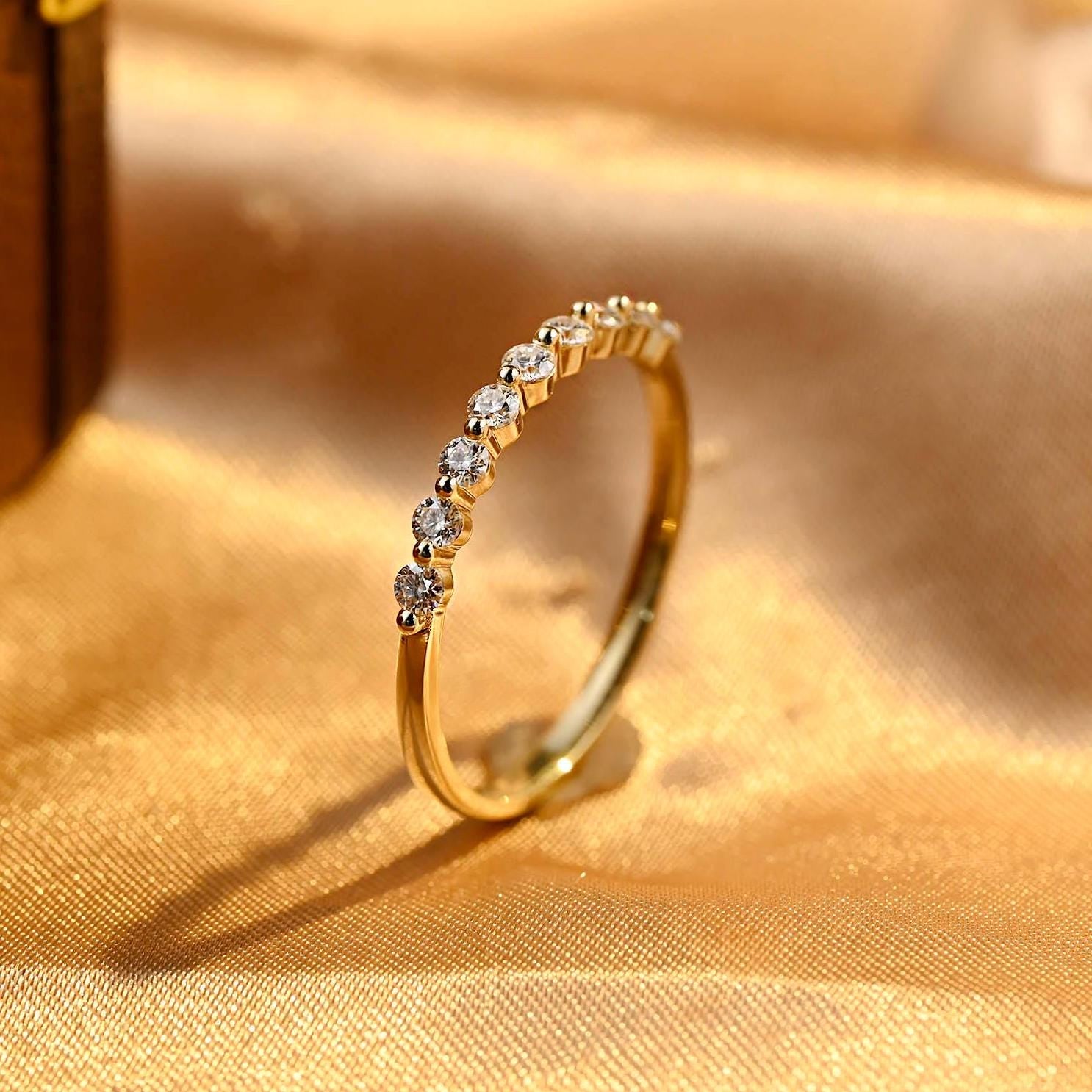 Solid Gold Moissanite Wedding Band, Half Eternity Ring