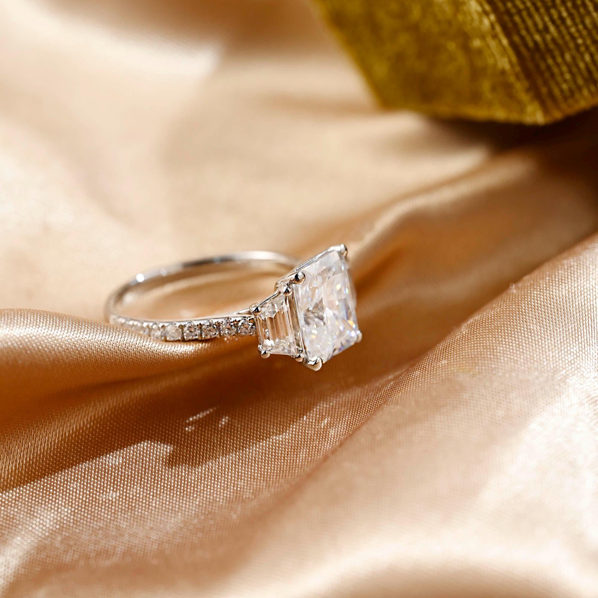 Solid Gold Three Stone Radiant Cut Moissanite Engagement Ring, Half Pave Ring for Her
