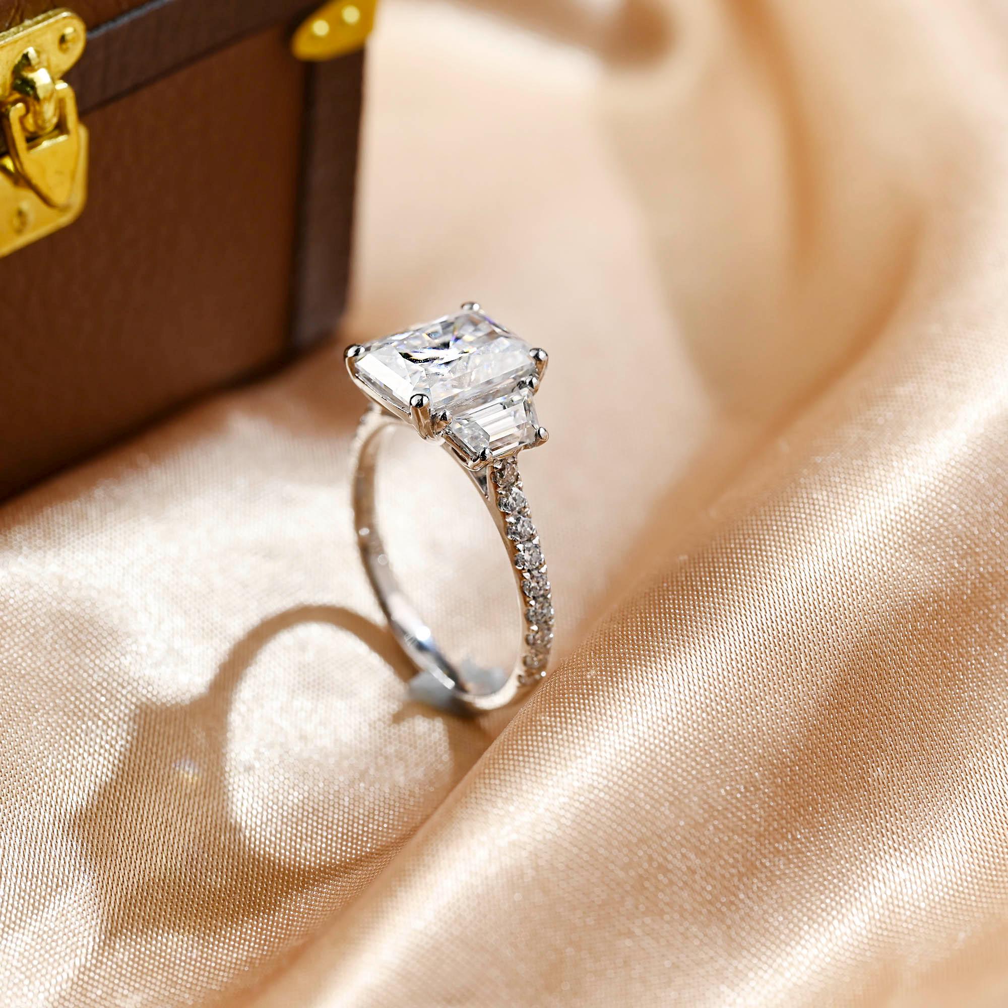 Solid Gold Three Stone Radiant Cut Moissanite Engagement Ring, Half Pave Ring for Her