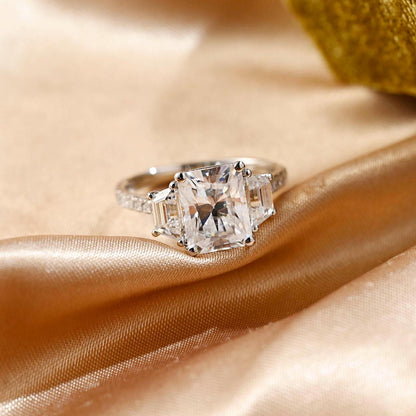 Solid Gold Three Stone Radiant Cut Moissanite Engagement Ring, Half Pave Ring for Her