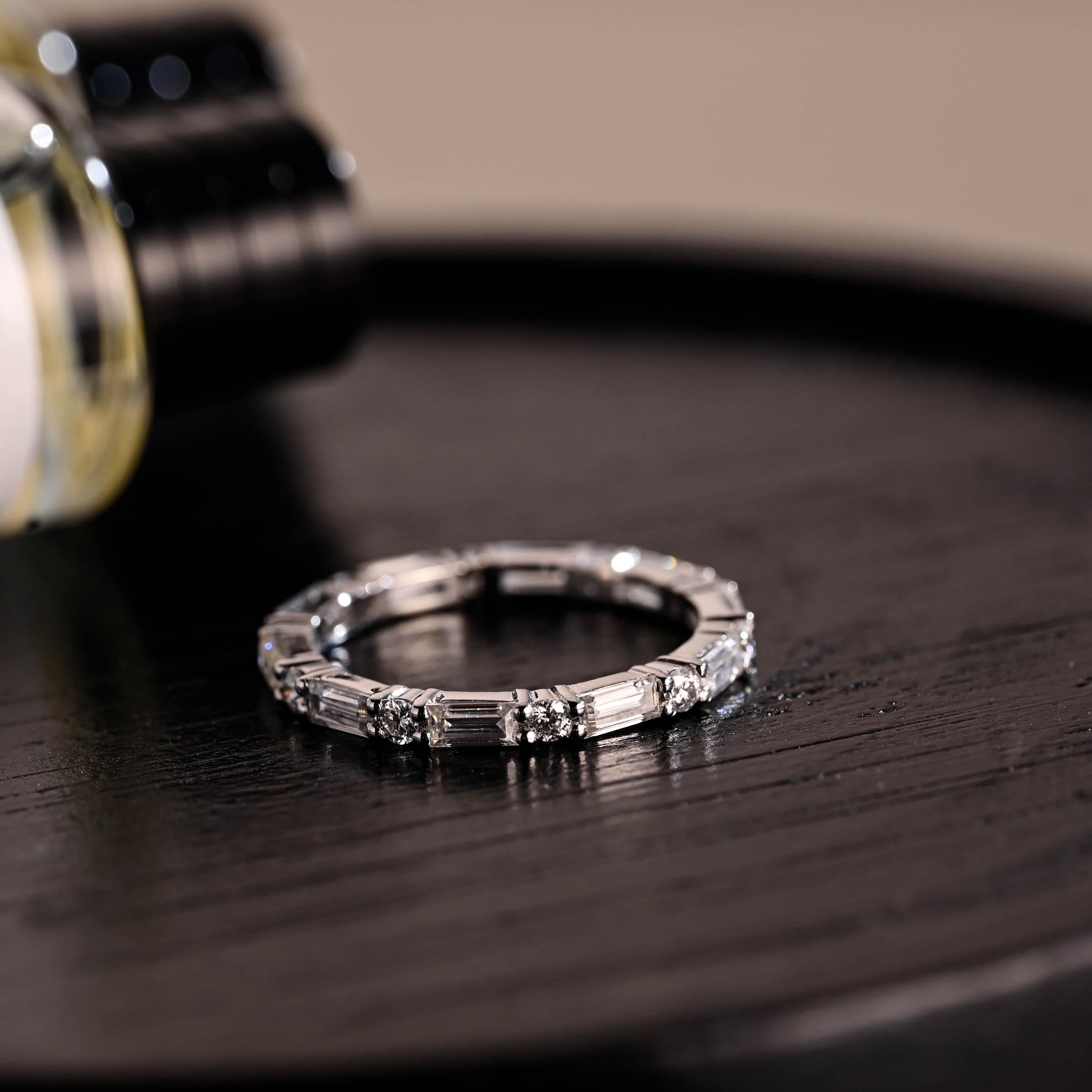 Solid Gold 2x4mm Baguette Moissanite Eternity Band, Stackable Wedding Ring