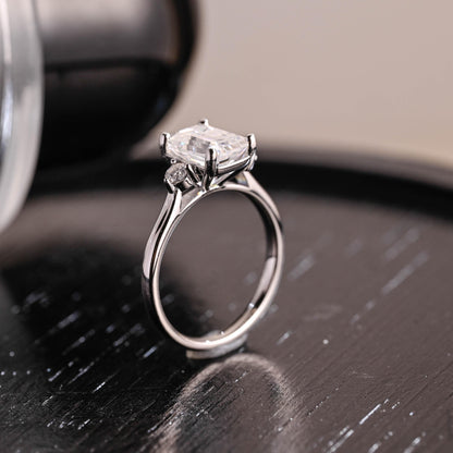 Three Stone Emerald Cut Moissanite Engagement Ring, Unique Emerald Cut Moissanite Wedding Ring, Anniversary Ring, Cathedral Setting Ring