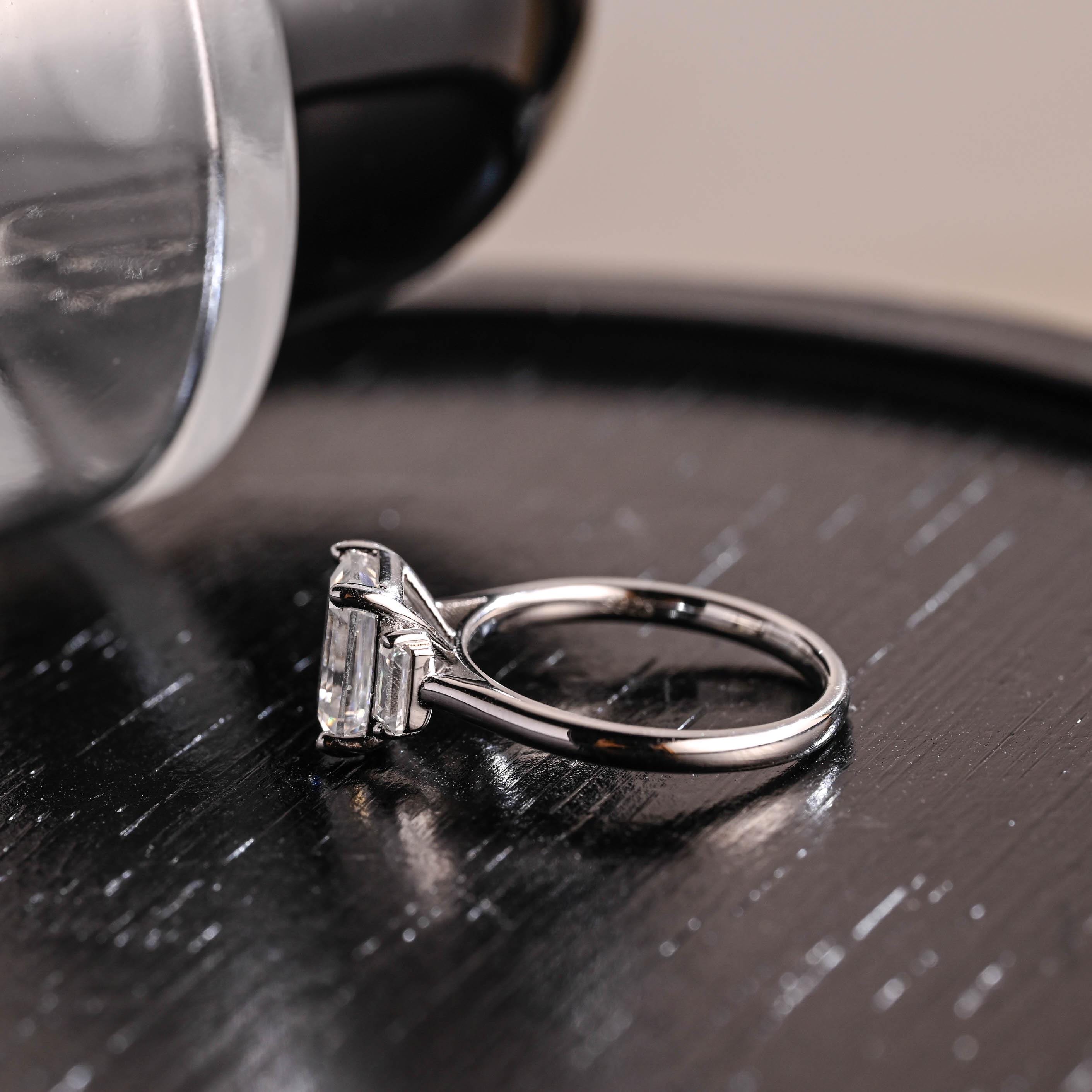 Three Stone Emerald Cut Moissanite Engagement Ring, Unique Emerald Cut Moissanite Wedding Ring, Anniversary Ring, Cathedral Setting Ring