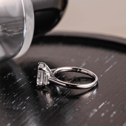 Three Stone Emerald Cut Moissanite Engagement Ring, Unique Emerald Cut Moissanite Wedding Ring, Anniversary Ring, Cathedral Setting Ring