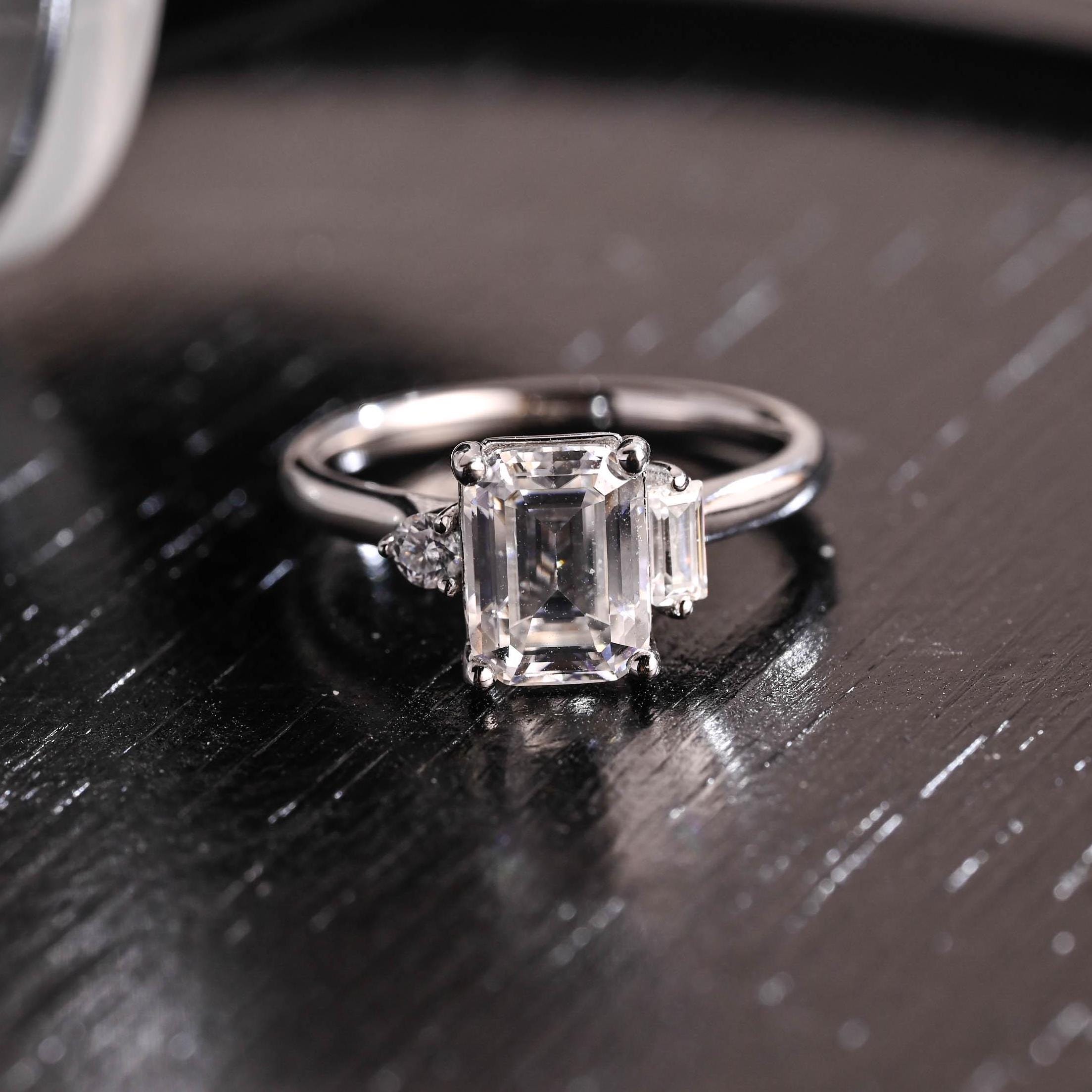 Three Stone Emerald Cut Moissanite Engagement Ring, Unique Emerald Cut Moissanite Wedding Ring, Anniversary Ring, Cathedral Setting Ring