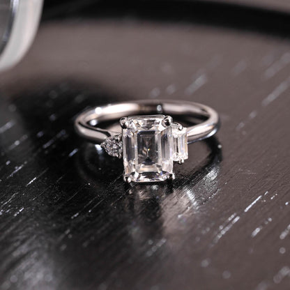 Three Stone Emerald Cut Moissanite Engagement Ring, Unique Emerald Cut Moissanite Wedding Ring, Anniversary Ring, Cathedral Setting Ring