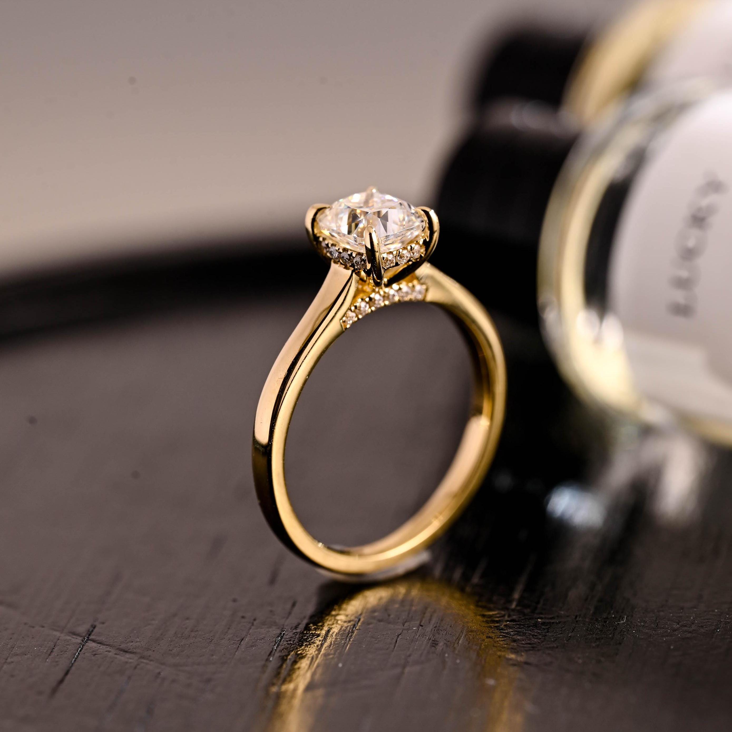 Solid Gold Elongated Cushion Cut Moissanite Engagement Ring, Pave Set Cushion Cut Wedding Ring, Hidden Halo Anniversary Moissanite Ring