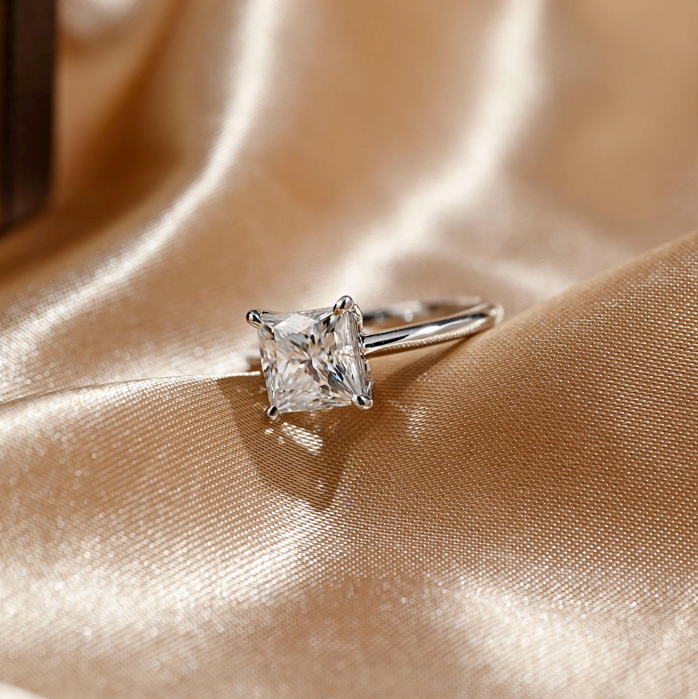 Solid Gold Princess Cut Moissanite Engagement Ring, Solitaire Wedding Ring