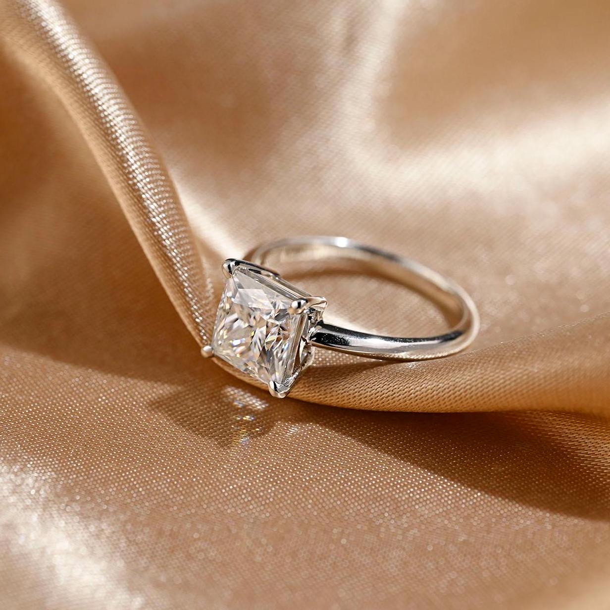 Solid Gold Princess Cut Moissanite Engagement Ring, Solitaire Wedding Ring