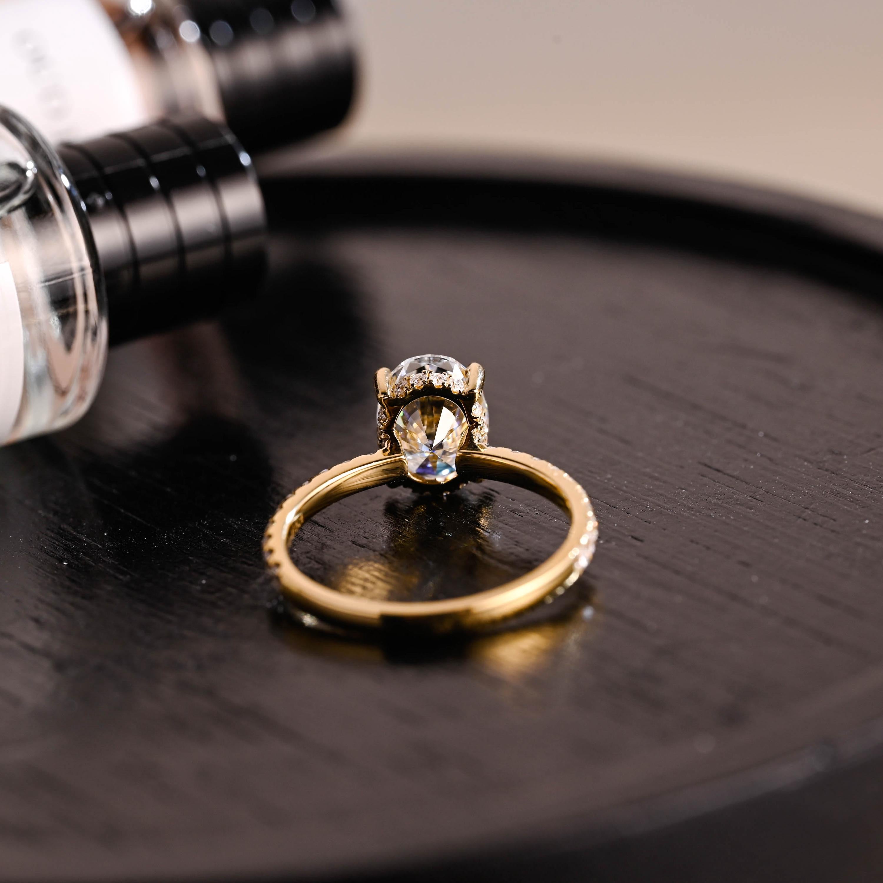 Solid Gold High Setting Oval Cut Moissanite Engagement Ring, Hidden Halo Wedding Ring