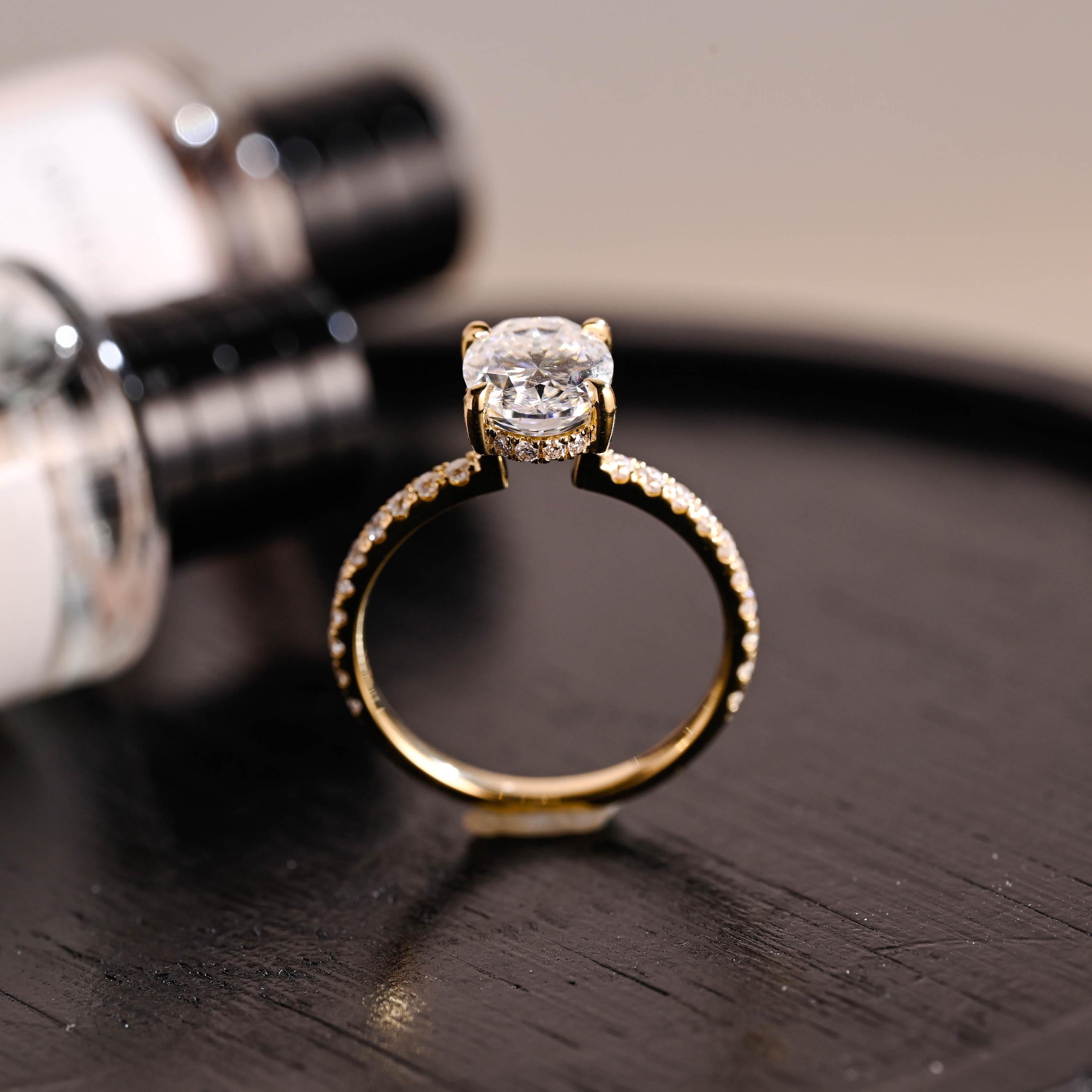 Solid Gold High Setting Oval Cut Moissanite Engagement Ring, Hidden Halo Wedding Ring