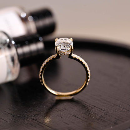 Solid Gold High Setting Oval Cut Moissanite Engagement Ring, Hidden Halo Wedding Ring