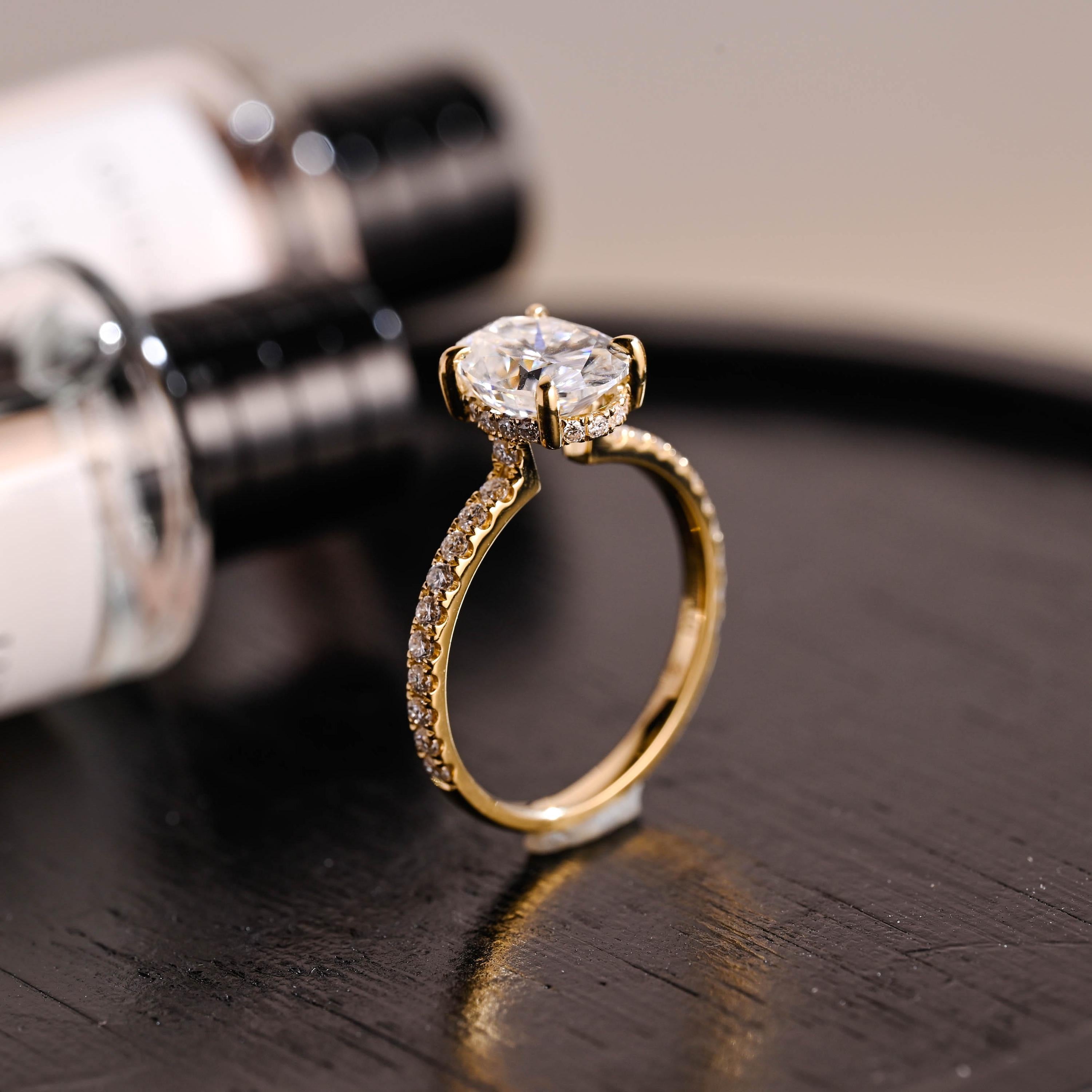 Solid Gold High Setting Oval Cut Moissanite Engagement Ring, Hidden Halo Wedding Ring
