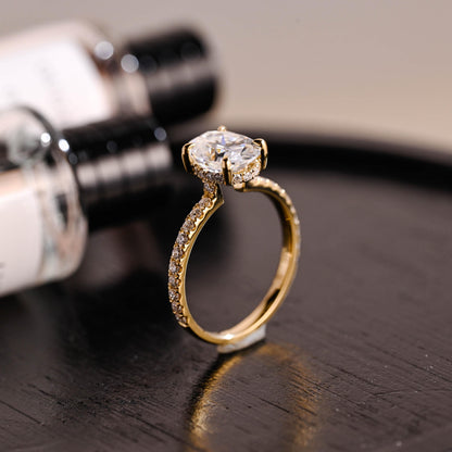 Solid Gold High Setting Oval Cut Moissanite Engagement Ring, Hidden Halo Wedding Ring