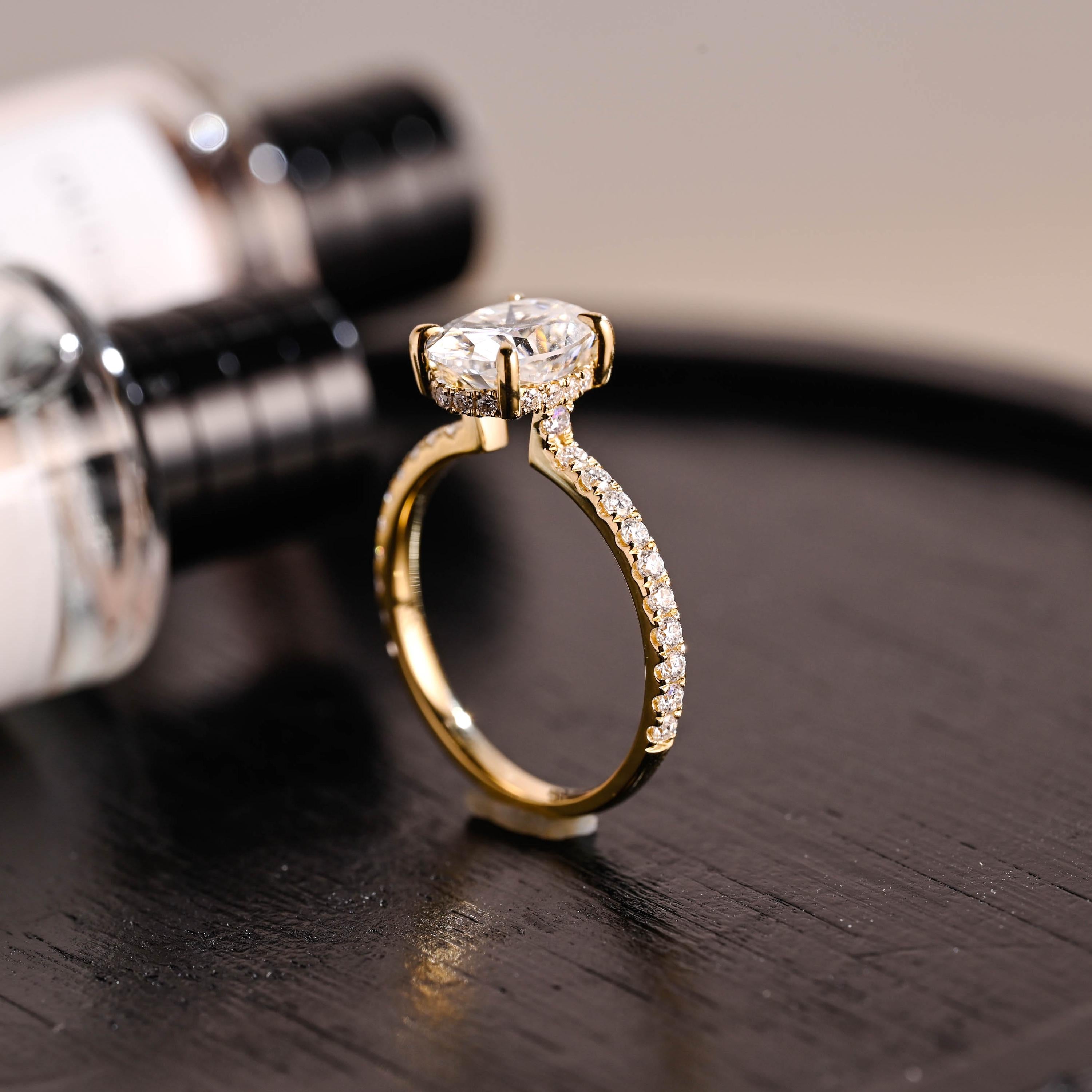 Solid Gold High Setting Oval Cut Moissanite Engagement Ring, Hidden Halo Wedding Ring