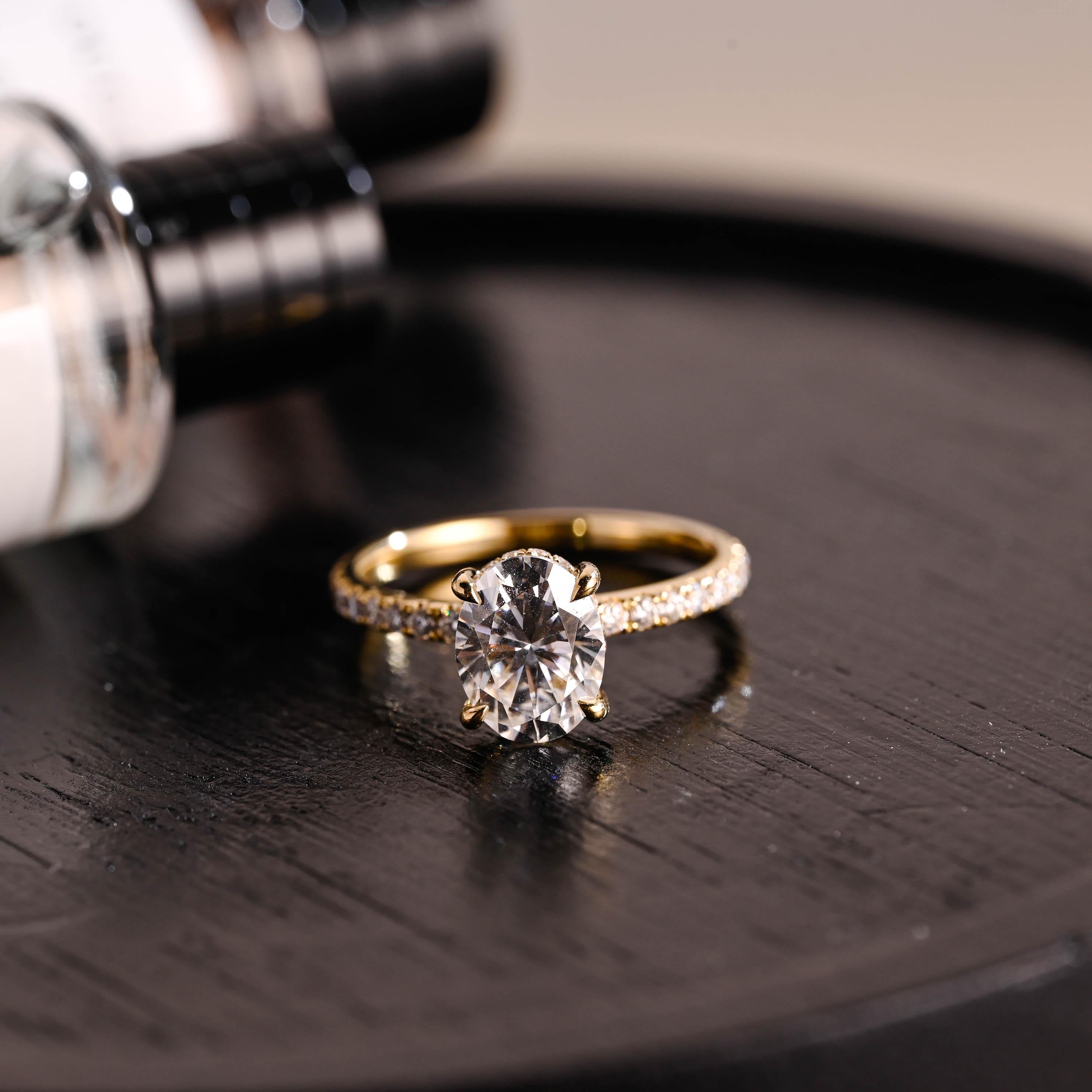 Solid Gold High Setting Oval Cut Moissanite Engagement Ring, Hidden Halo Wedding Ring