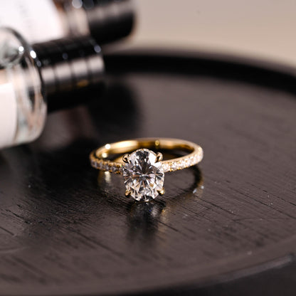 Solid Gold High Setting Oval Cut Moissanite Engagement Ring, Hidden Halo Wedding Ring