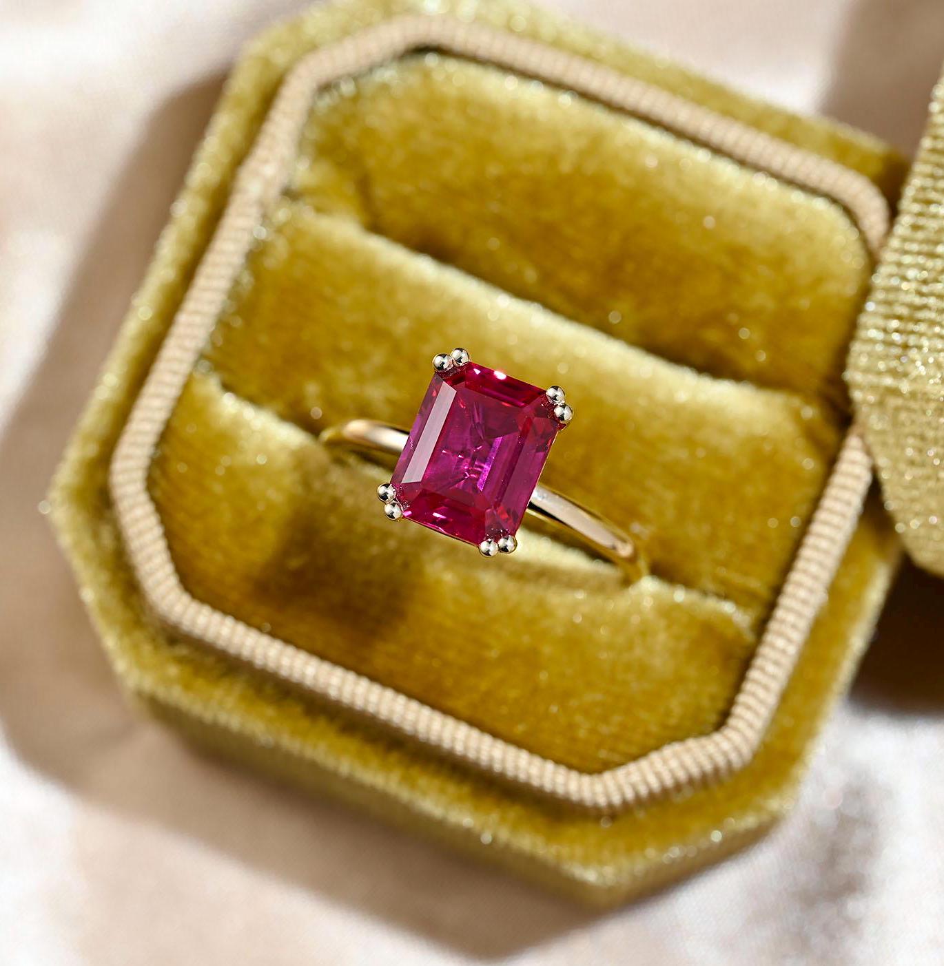 Solid Gold Emerald Cut Lab Grown Ruby Engagement Ring, Solitaire Ruby Wedding Ring, Anniversary Gemstone Ring, 8 Prongs Emerald Cut Ring