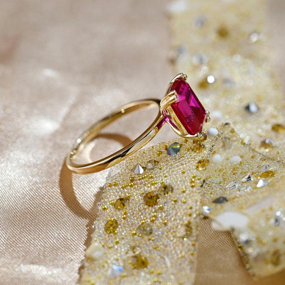 Solid Gold Emerald Cut Lab Grown Ruby Engagement Ring, Solitaire Ruby Wedding Ring, Anniversary Gemstone Ring, 8 Prongs Emerald Cut Ring
