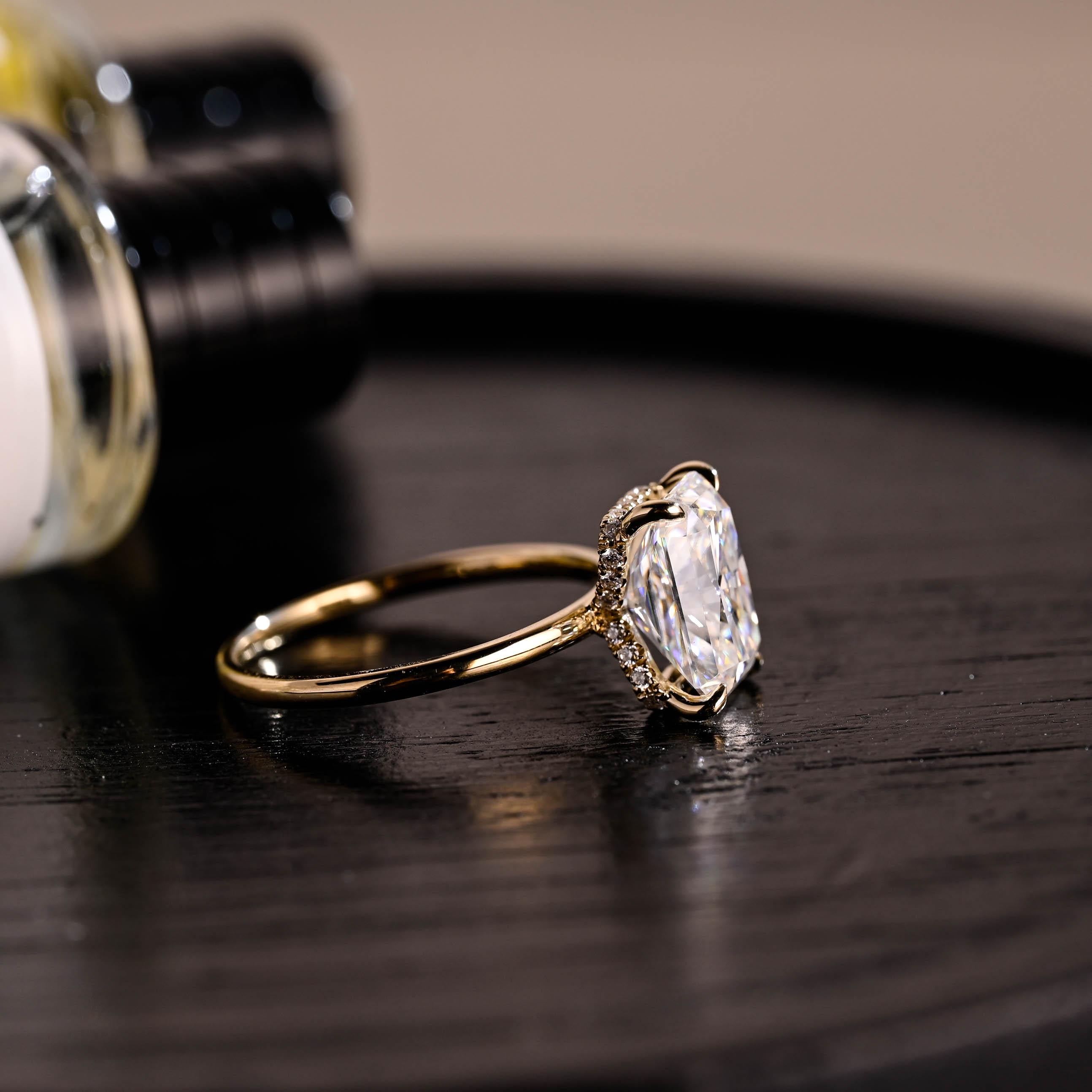 Solid Gold Radiant Cut Moissanite Engagement Ring, Hidden Halo, Art Deco Ring