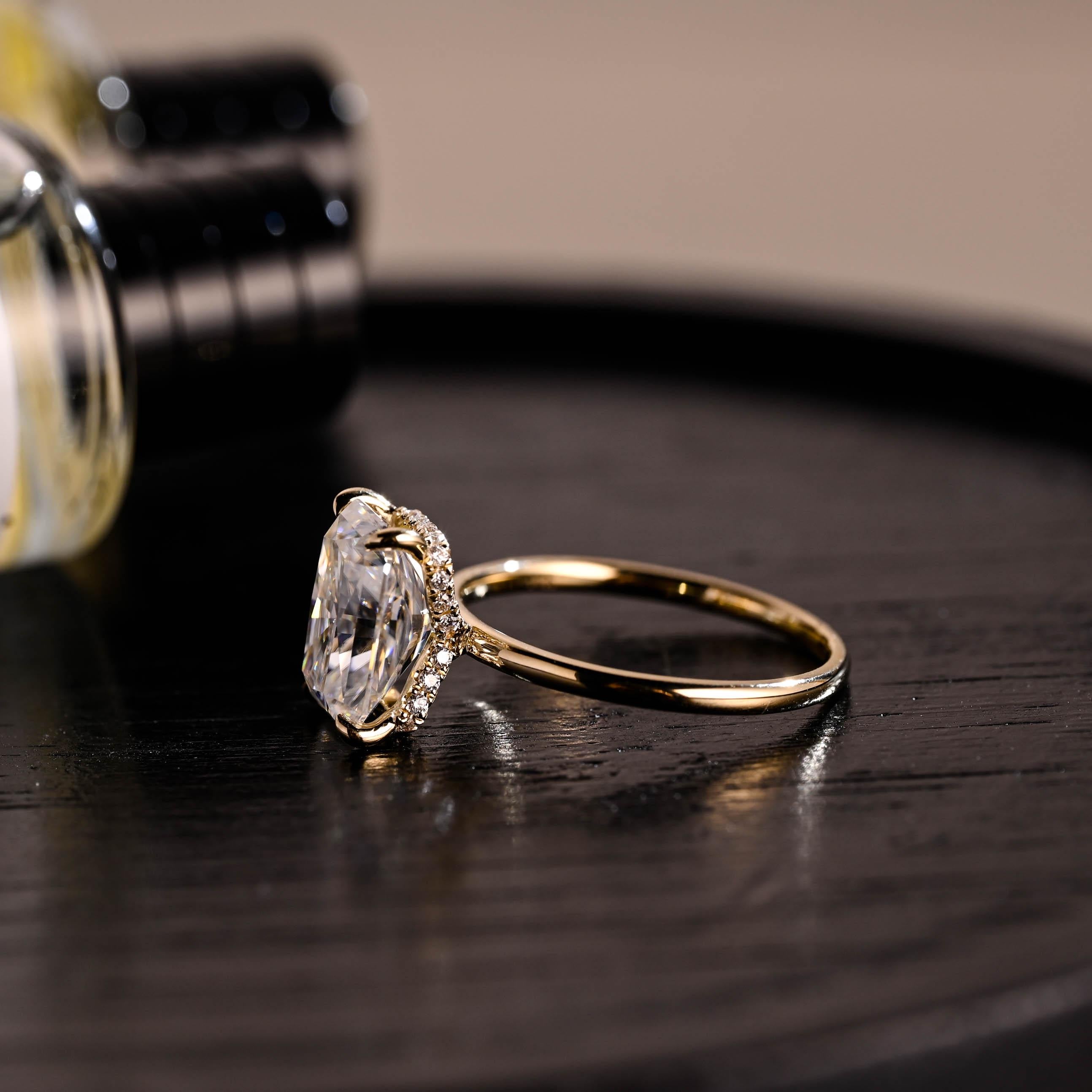 Solid Gold Radiant Cut Moissanite Engagement Ring, Hidden Halo, Art Deco Ring
