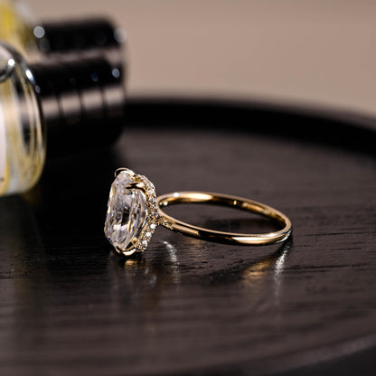Solid Gold Radiant Cut Moissanite Engagement Ring, Hidden Halo, Art Deco Ring