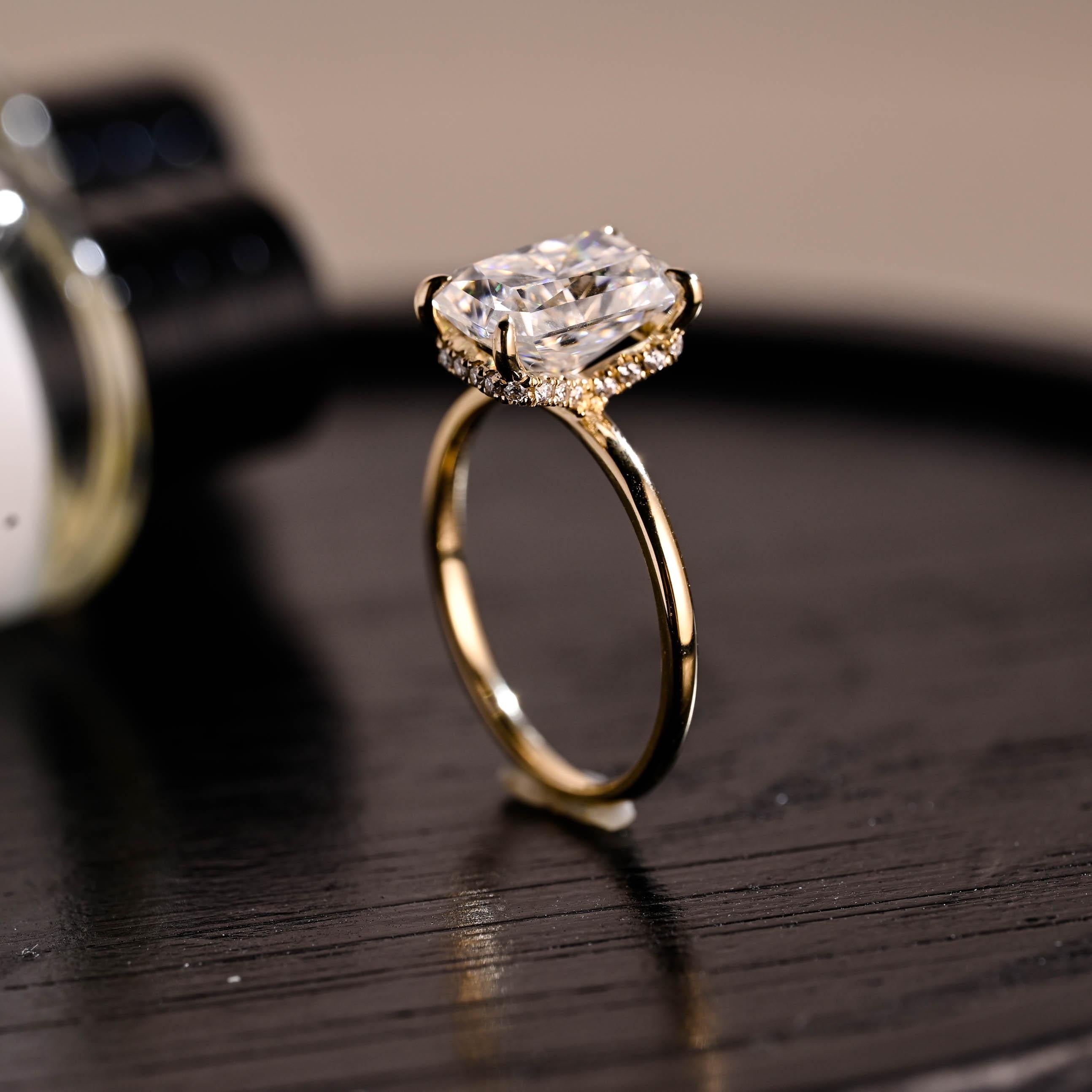 Solid Gold Radiant Cut Moissanite Engagement Ring, Hidden Halo, Art Deco Ring