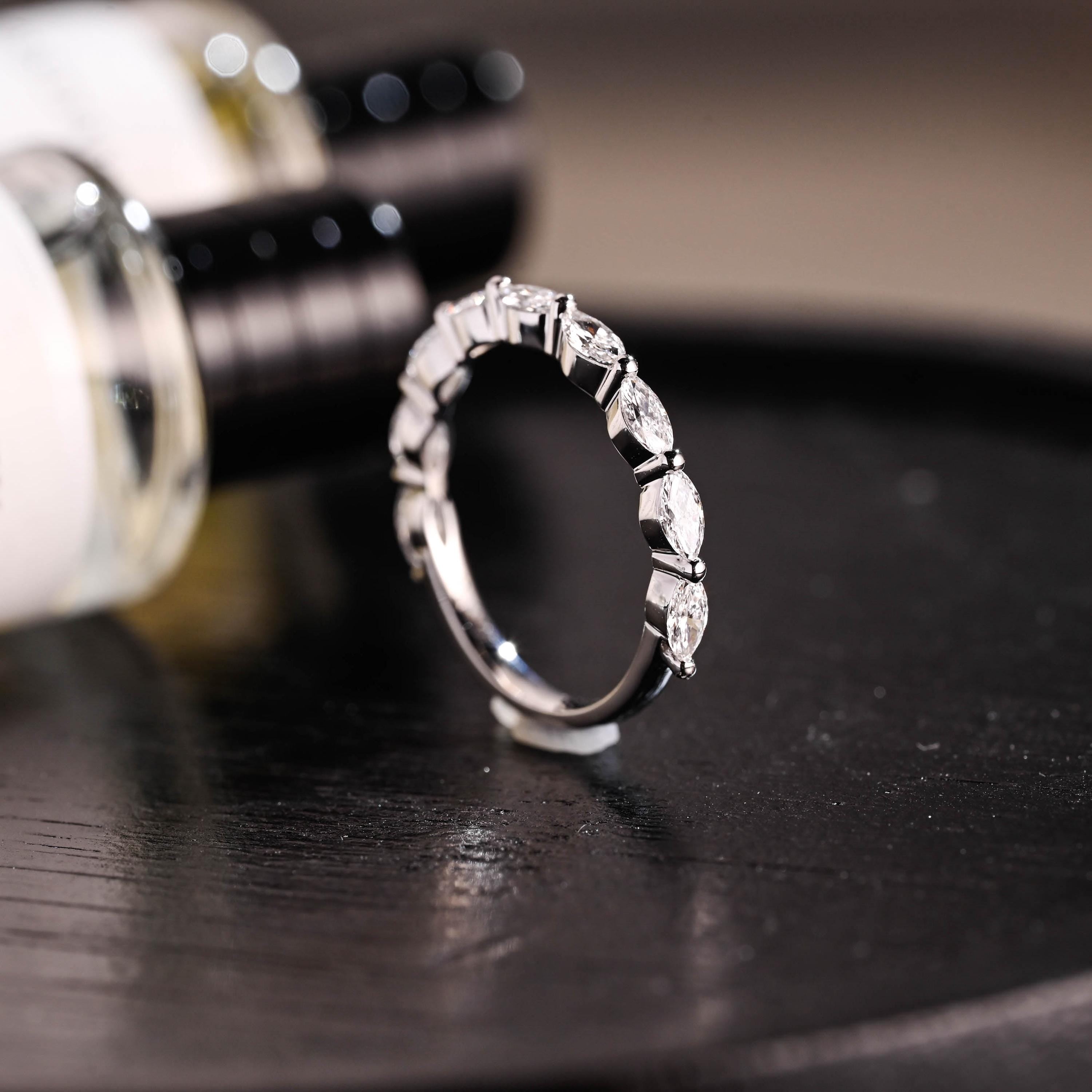 Solid Gold Marquise Moissanite Wedding Band, Half Eternity Ring