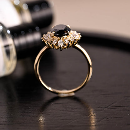 Solid Gold Oval Cut Black Moissanite Engagement Ring, Gothic Style Wedding Ring