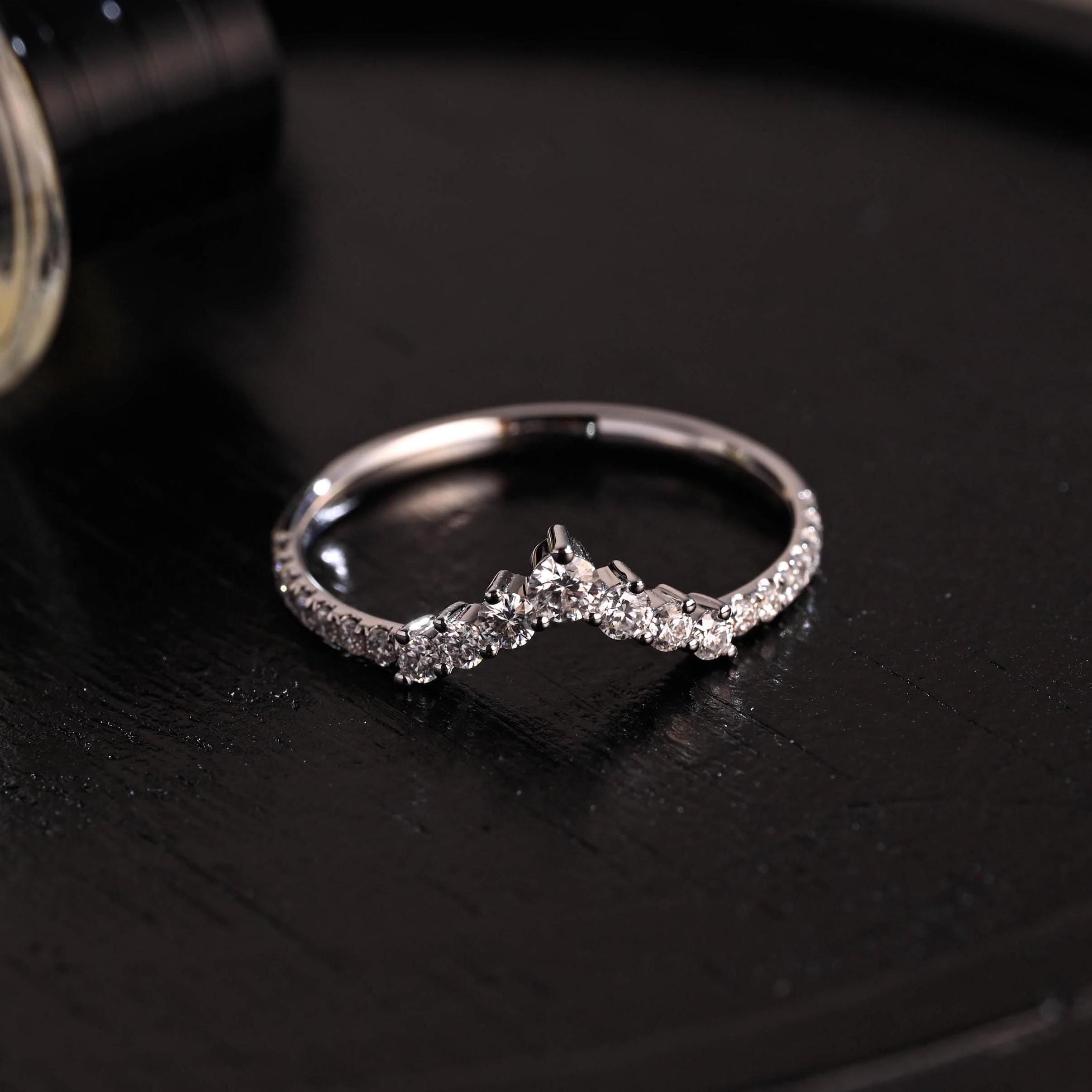 Curved Solid Gold Moissanite Wedding Band, Stacking Ring