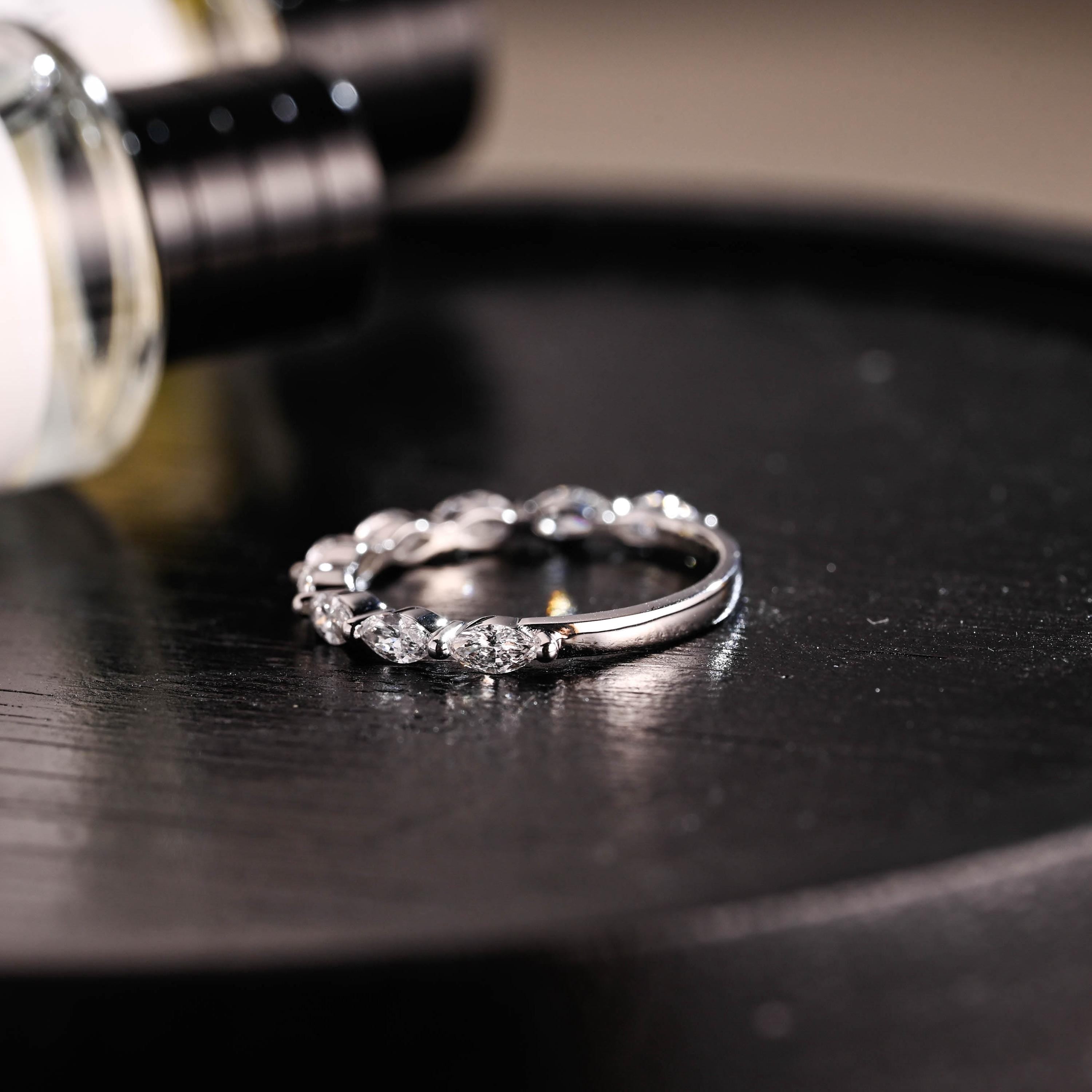 Solid Gold Marquise Moissanite Wedding Band, Half Eternity Ring